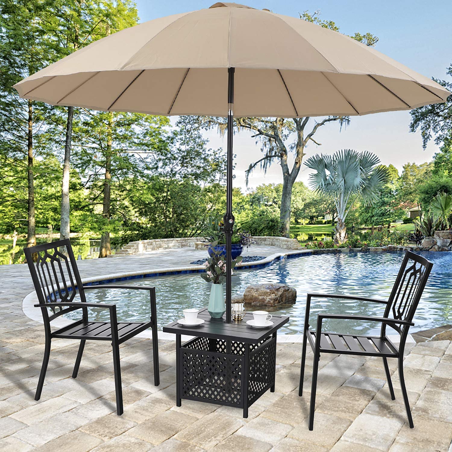 MFSTUDIO 3-Piece Steel Outdoor Bistro Set - 2 Chairs & 1 Square Table with Umbrella Hole - Black Patio Dining Furniture for Garden, Balcony, Backyard & Poolside