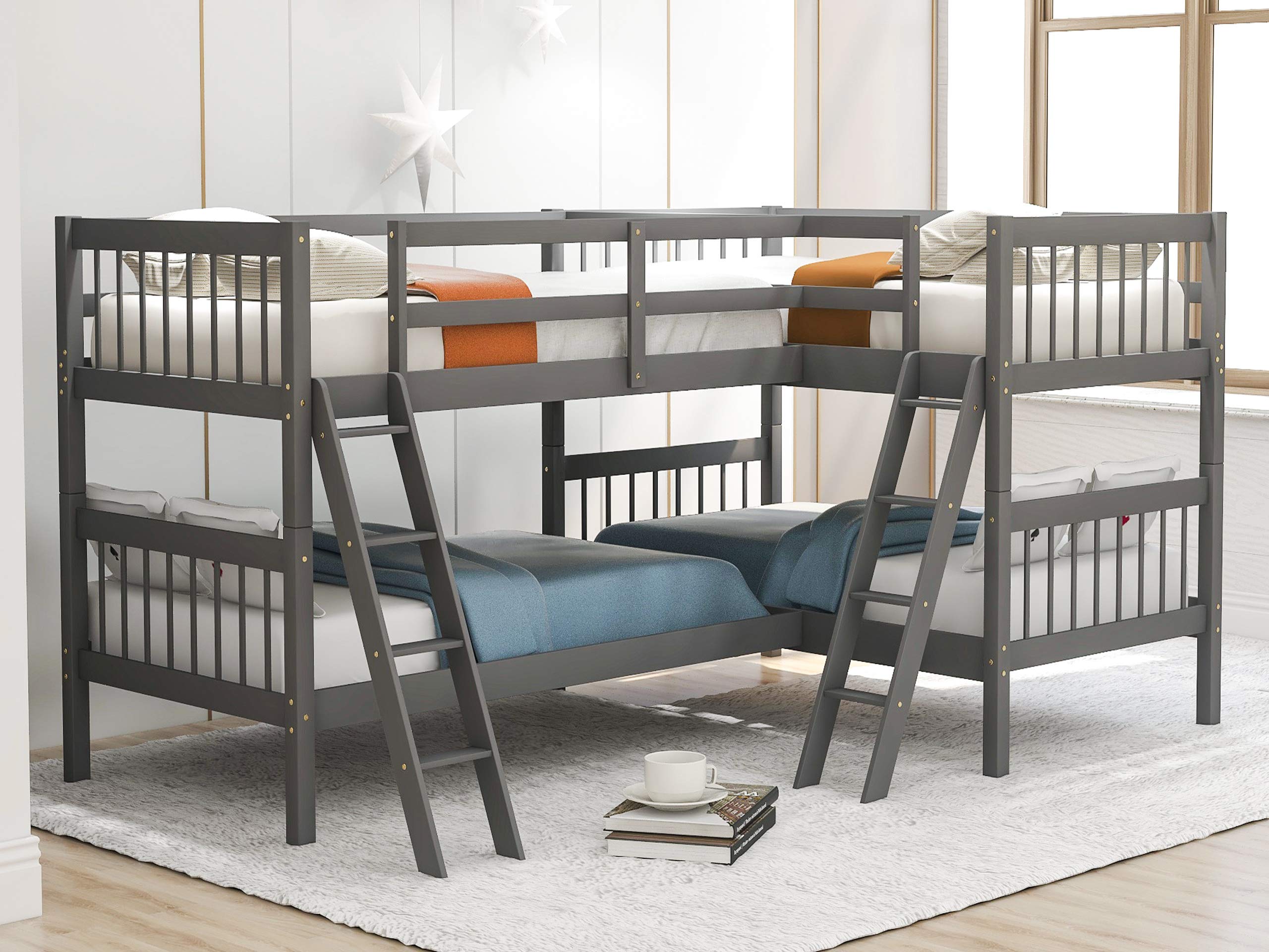 Kids Twin Over Twin L-Shaped Bunk Bed with Guardrails & Ladder - Grey, Perfect for Small Bedrooms & Shared Spaces