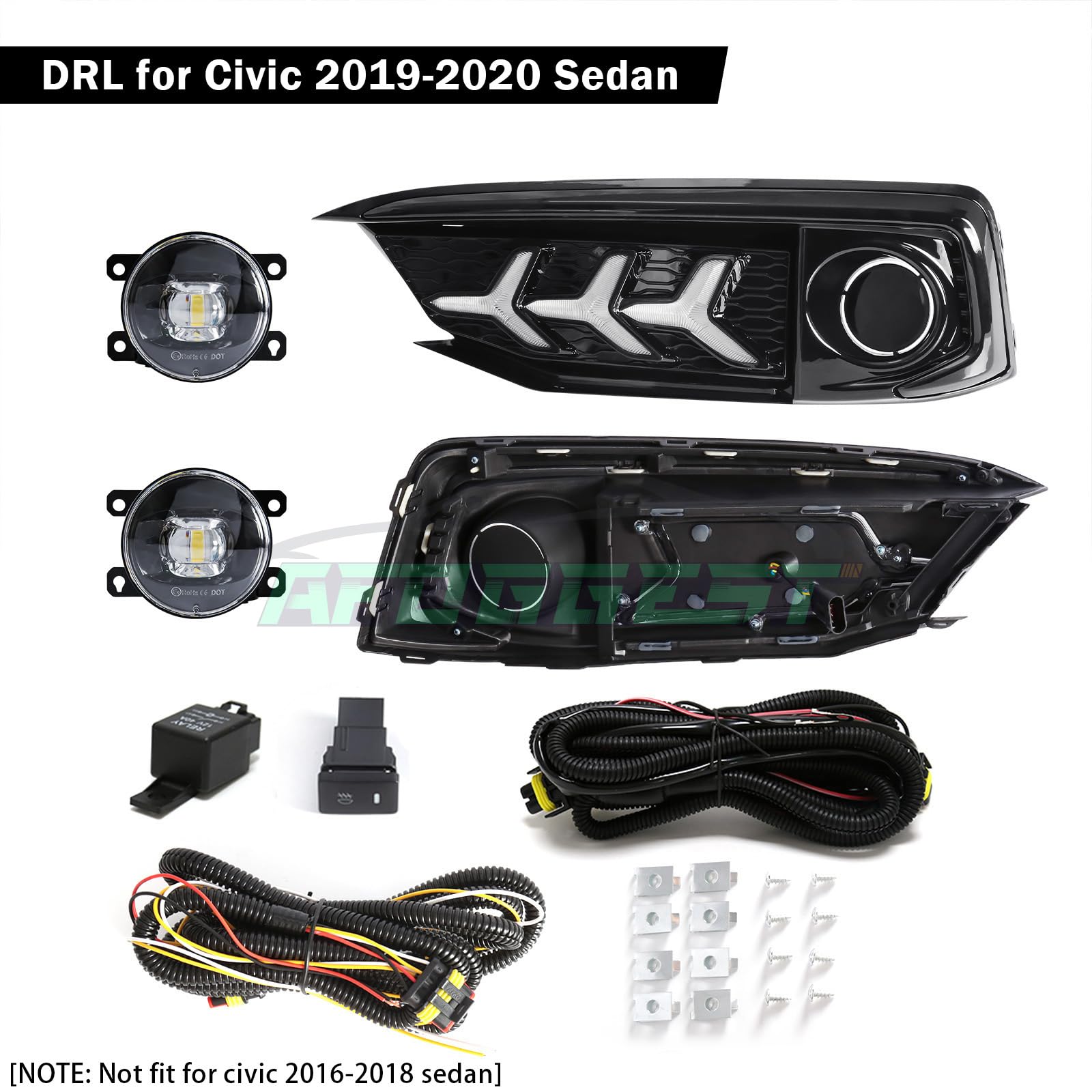 2019-2020 Honda Civic LED Daytime Running Lights (DRL) & Tri-Color Fog Lights Kit with Wiring Harness - Upgrade Front Lighting for Enhanced Visibility & Style