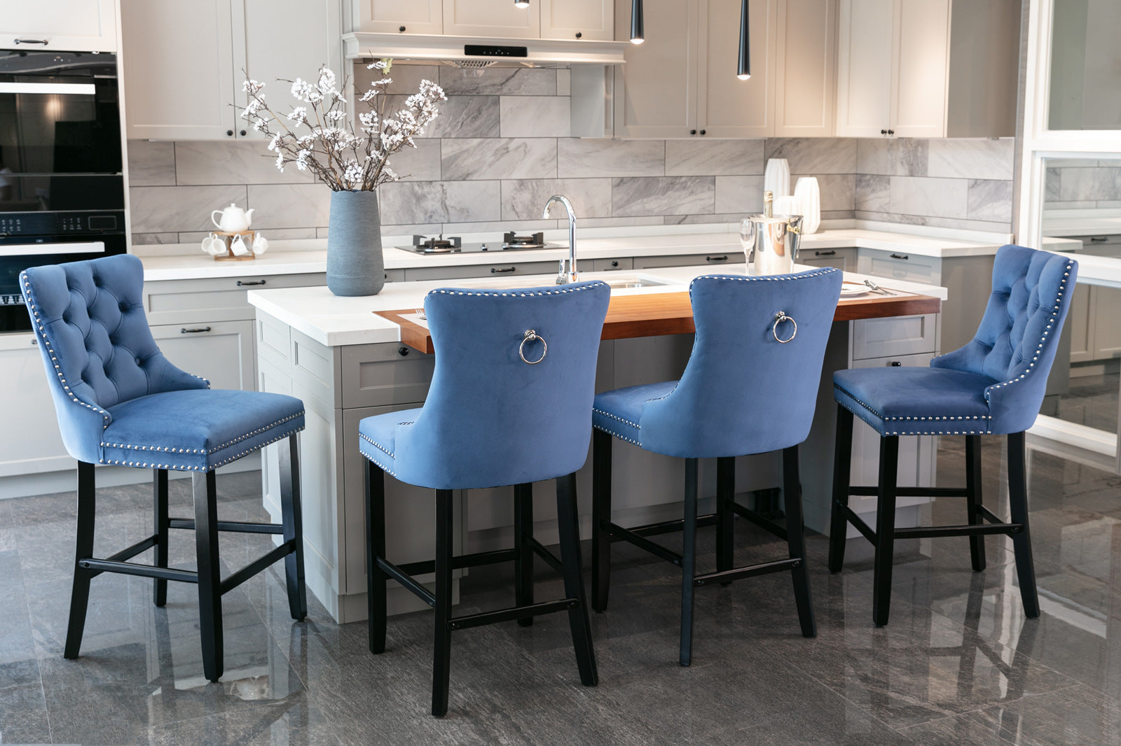 Modern Velvet Upholstered Bar Stools with Button Tufted Back & Wooden Legs - Chrome Nailhead Trim Accent - Set of 2 Blue Bar Chairs (SW2002BL) for Kitchen Island, Breakfast Nook & Home Bar Decor