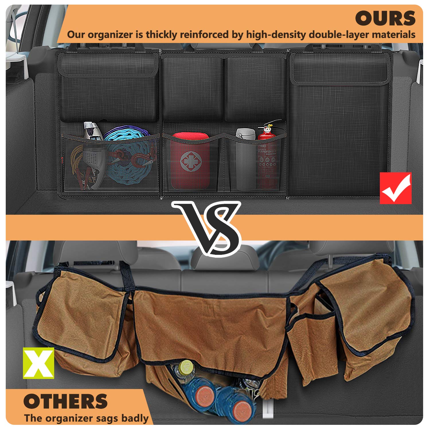 FINPAC Car Trunk Organizer & Storage - Detachable Seat Back Hanging Organizer with Zippers, Large Capacity SUV & Van Storage Accessories for Jeep, Truck, Minivan (Black) | Perfect for Road Trips, Camping & Grocery Shopping