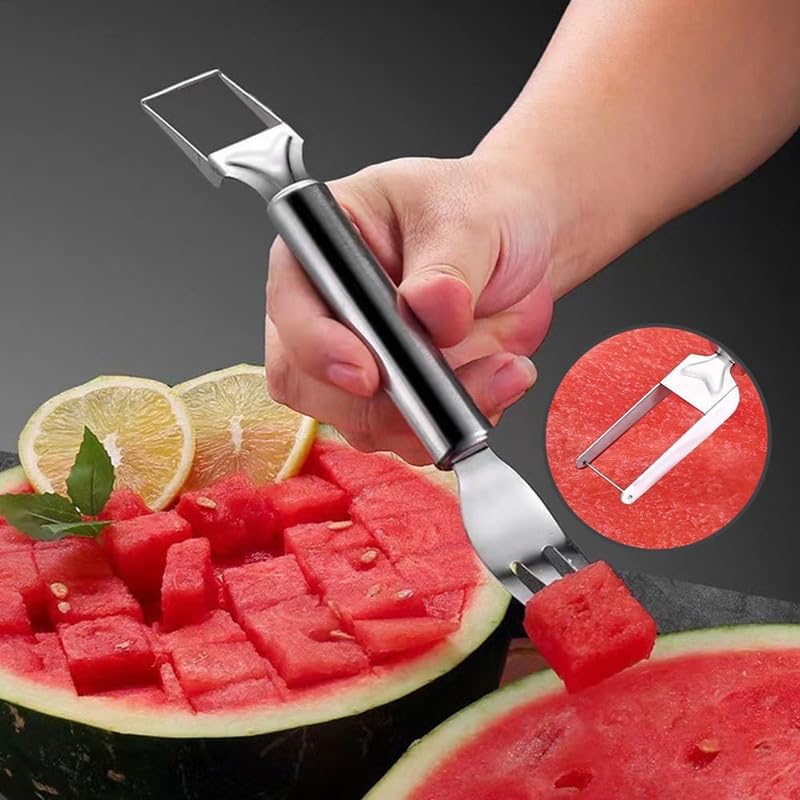 2024 New 2-in-1 Stainless Steel Fruit Cutter & Slicer - Dual Head Watermelon Cube Cutter with Fork - Kitchen Gadget for Fruits Like Melon, Pineapple & Mango (2PCS) - Perfect for Summer BBQs, Picnics & Home Kitchen Use