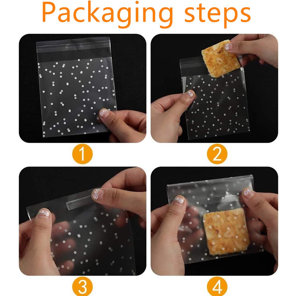 Lifelum 200 Pcs 4x4 Inch Self-Adhesive Clear Cookie Bags - White Polka Dot Cellophane Treat Bags for Bakery, Candy, Chocolate & Party Favors | Perfect for Gift Giving, Birthday Parties & Holiday Treats