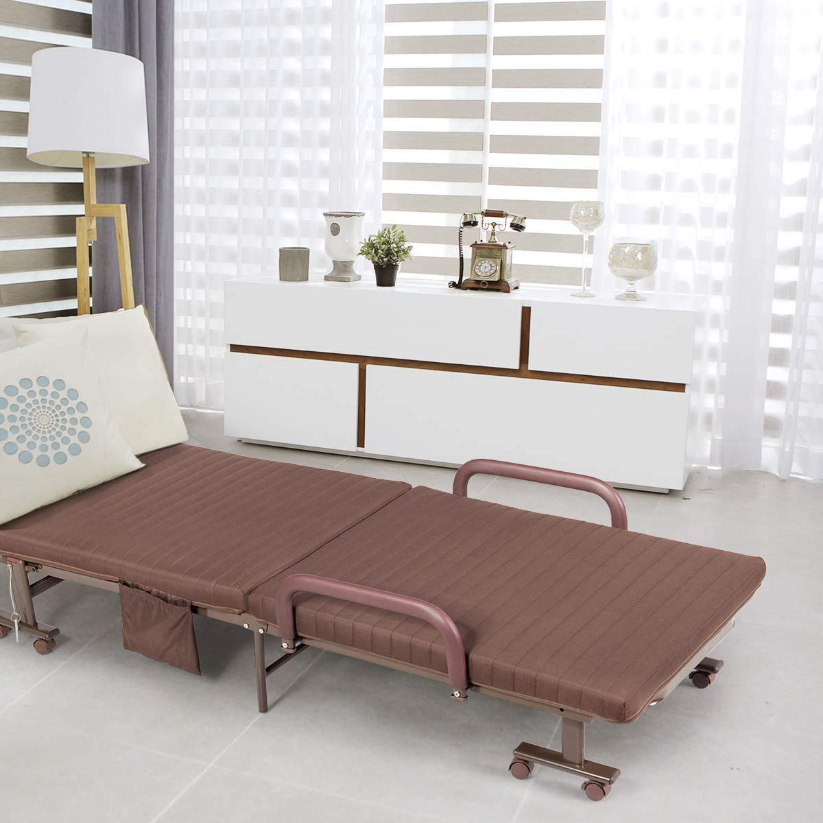 Foldable Guest Bed with Mattress - Heavy Duty Metal Frame, Adjustable Sleeper Sofa with Storage Bag & Wheels for Home, Office, Camping & Travel | Portable Single Bed in Brown