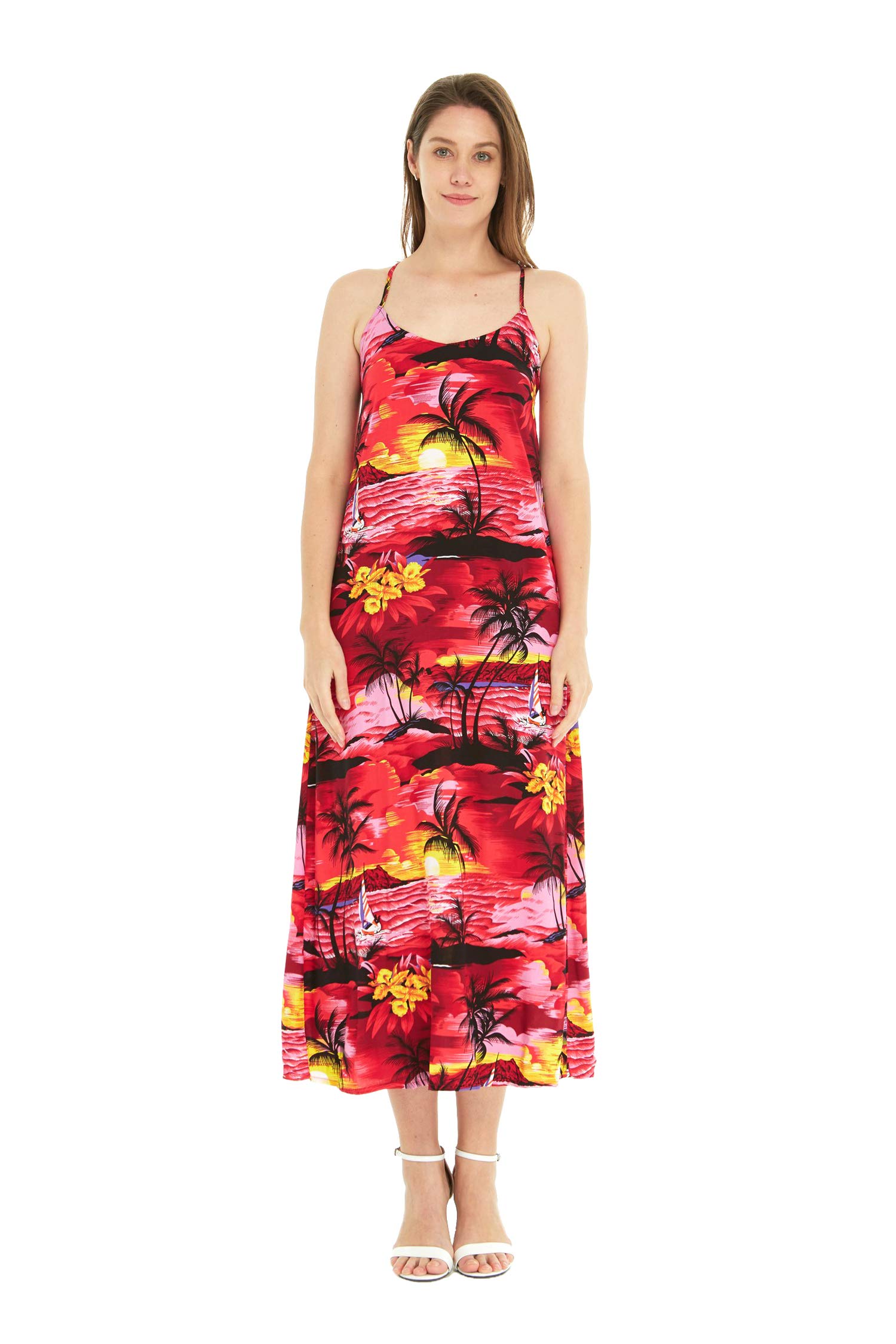 Women's Hawaiian Luau Sunset Blue Maxi Sweetheart Dress - Floral Print Beach Party Dress for Summer Vacation, Tropical Getaway & Boho Festival Outfit