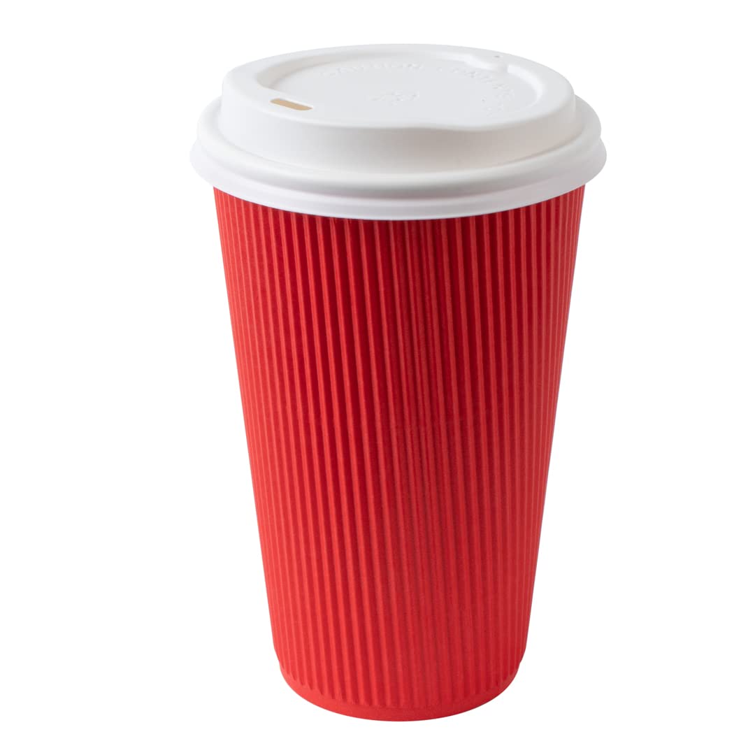 16oz Insulated Coffee Cups with Lids - 20 Pack Leakproof Ripple Wall Hot Cups | Disposable Red Paper Coffee Mugs for Tea, Hot Cocoa & Lattes | Perfect for Restaurants, Cafes & Office Break Rooms