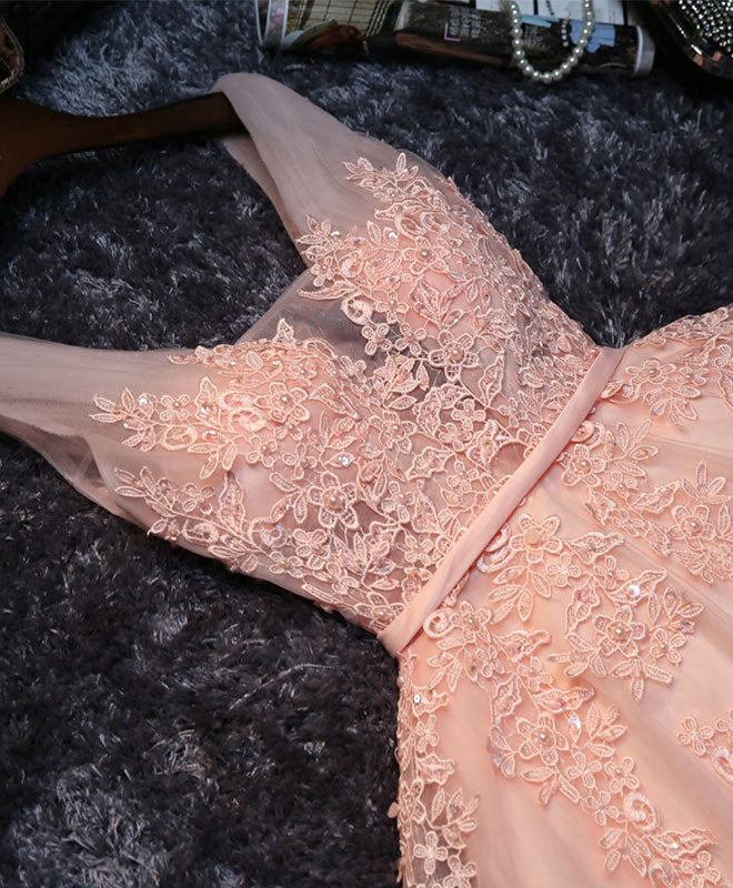Elegant Pink V-Neck Tulle Lace Short Prom Dress for Homecoming, Party, and Special Occasions | Flirty and Fun Cocktail Dress for Teens and Juniors