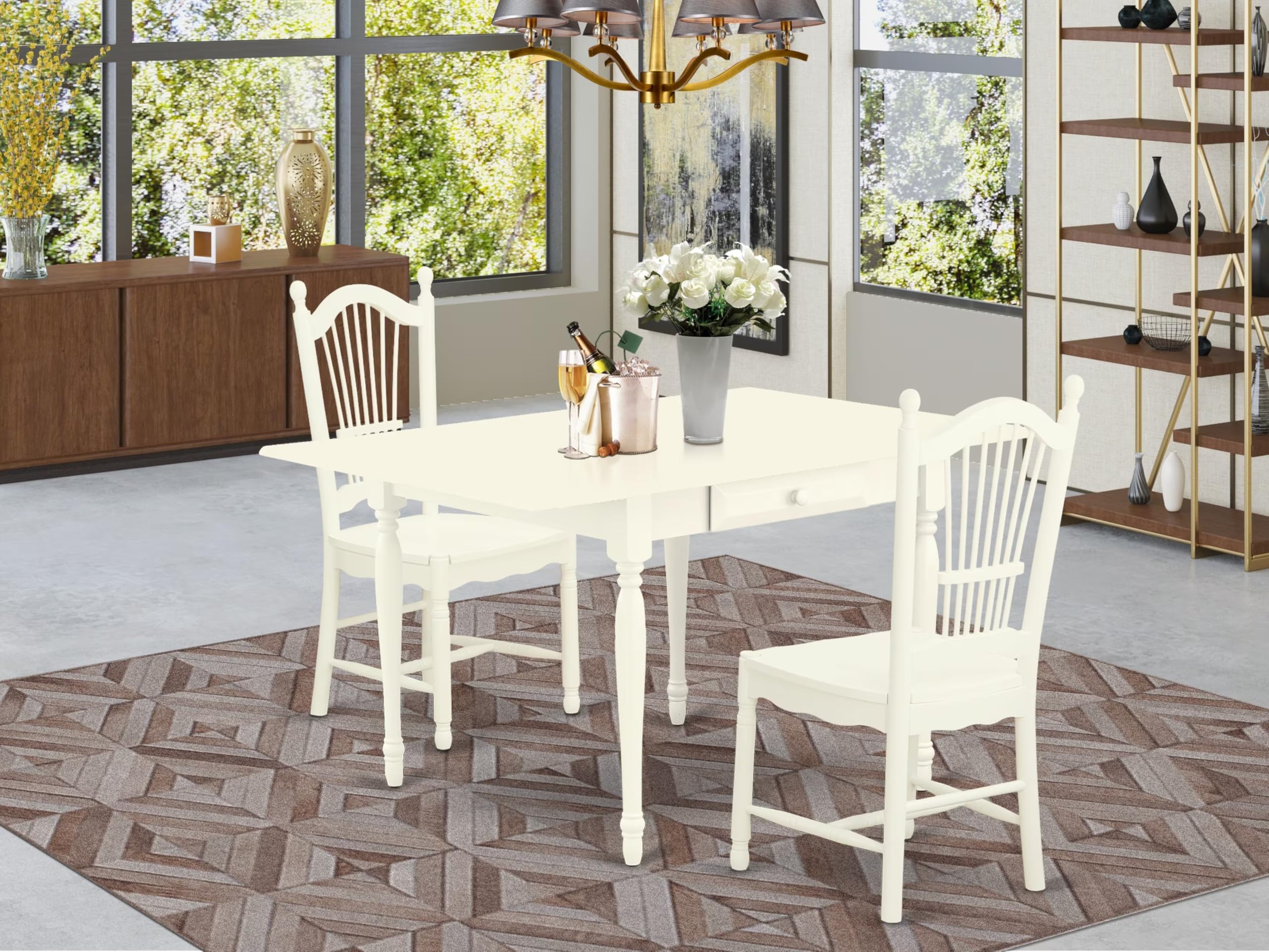 East West Furniture MZDO3-LWH-W 3-Piece Dining Set with Drop-Leaf Table & 2 Wooden Chairs, 36x54 Inch, Linen White - Perfect for Small Spaces, Breakfast Nooks & Cozy Apartments
