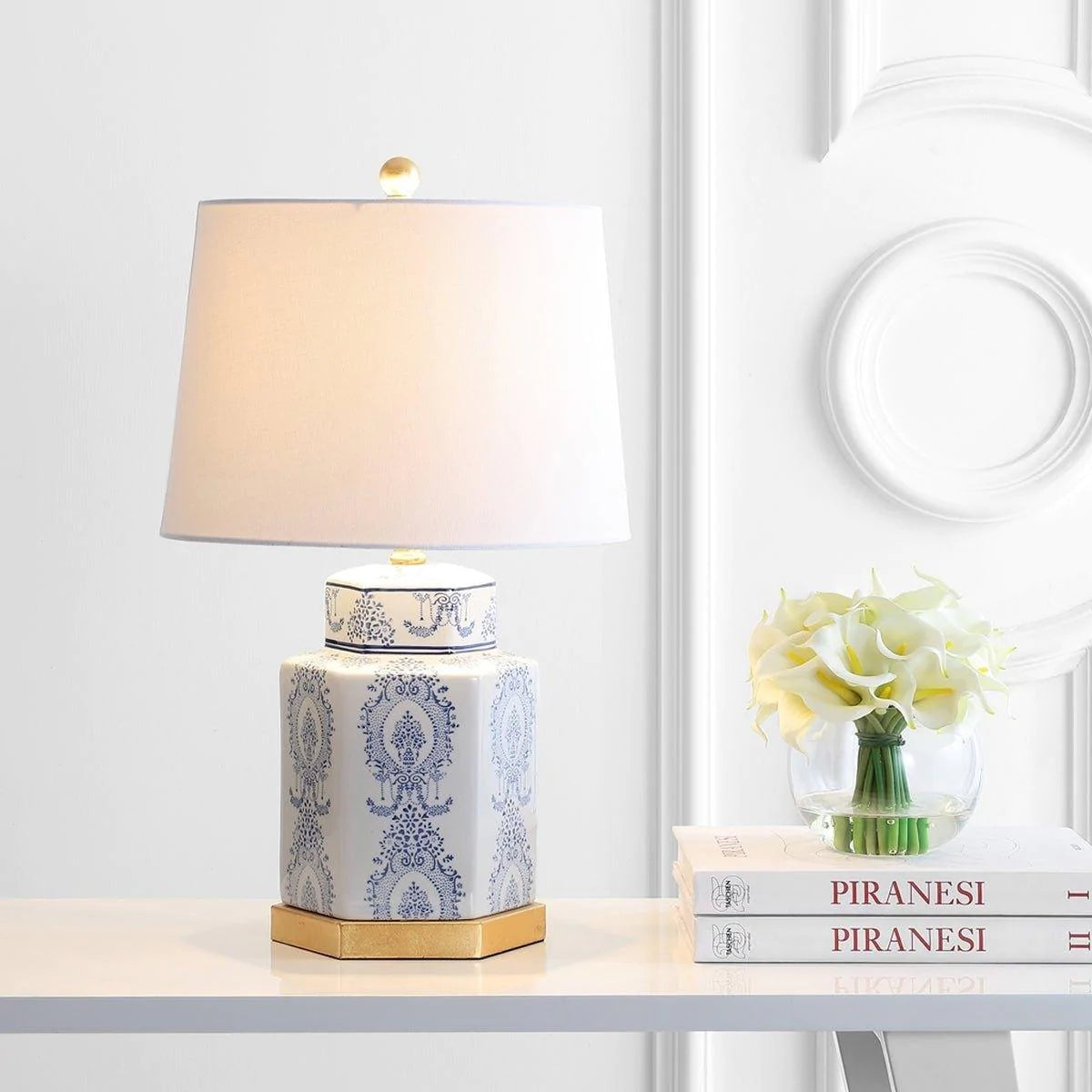 Blue and White Lapis Ceramic Table Lamp with Gold Accent - Set of 2, Elegant Home Decor for Living Room, Bedroom, or Office Lighting
