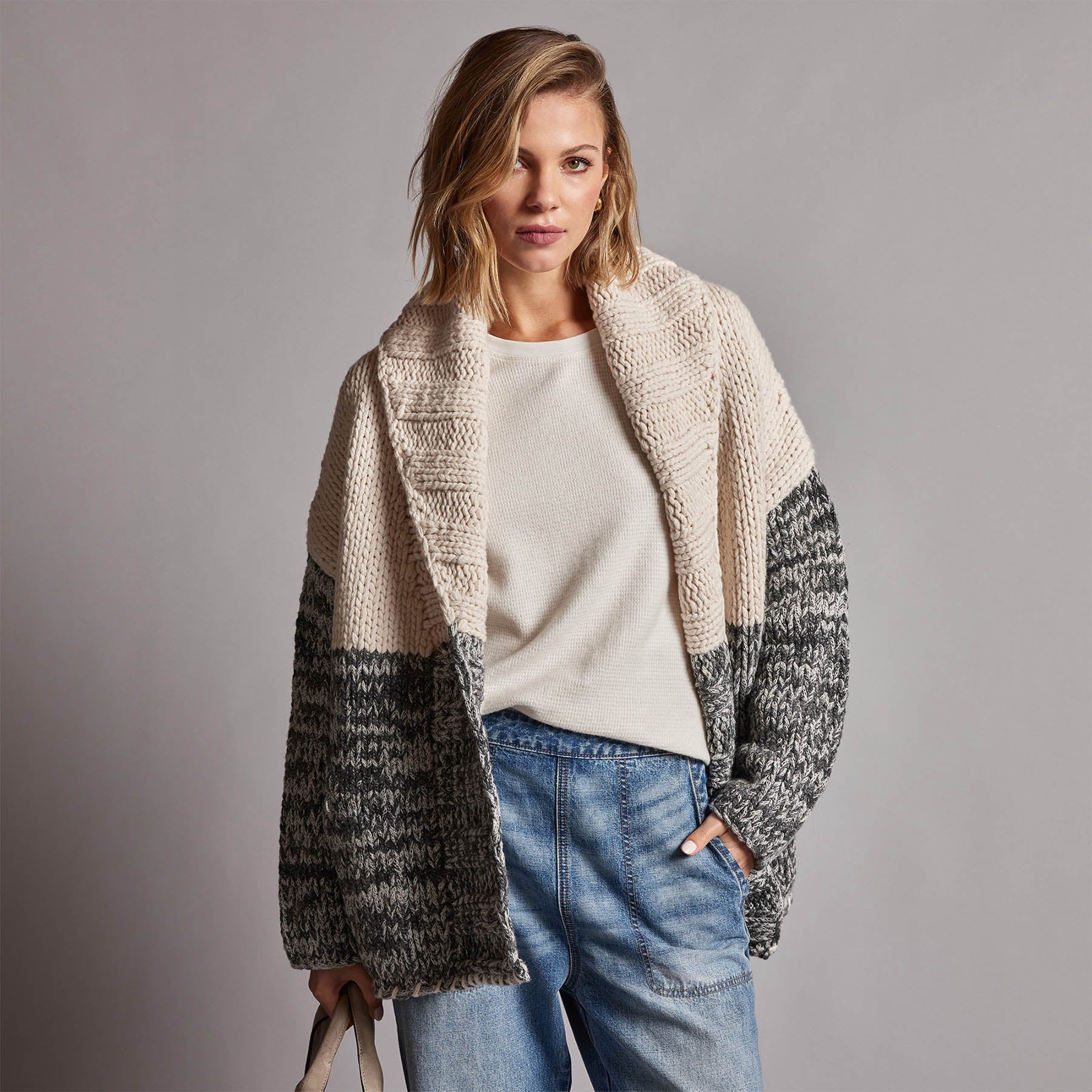 Chunky Knit Cardigan for Women - Soft Ivory & Grey Marl Oversized Sweater | Cozy Fall & Winter Layering, Casual Outfits, Loungewear