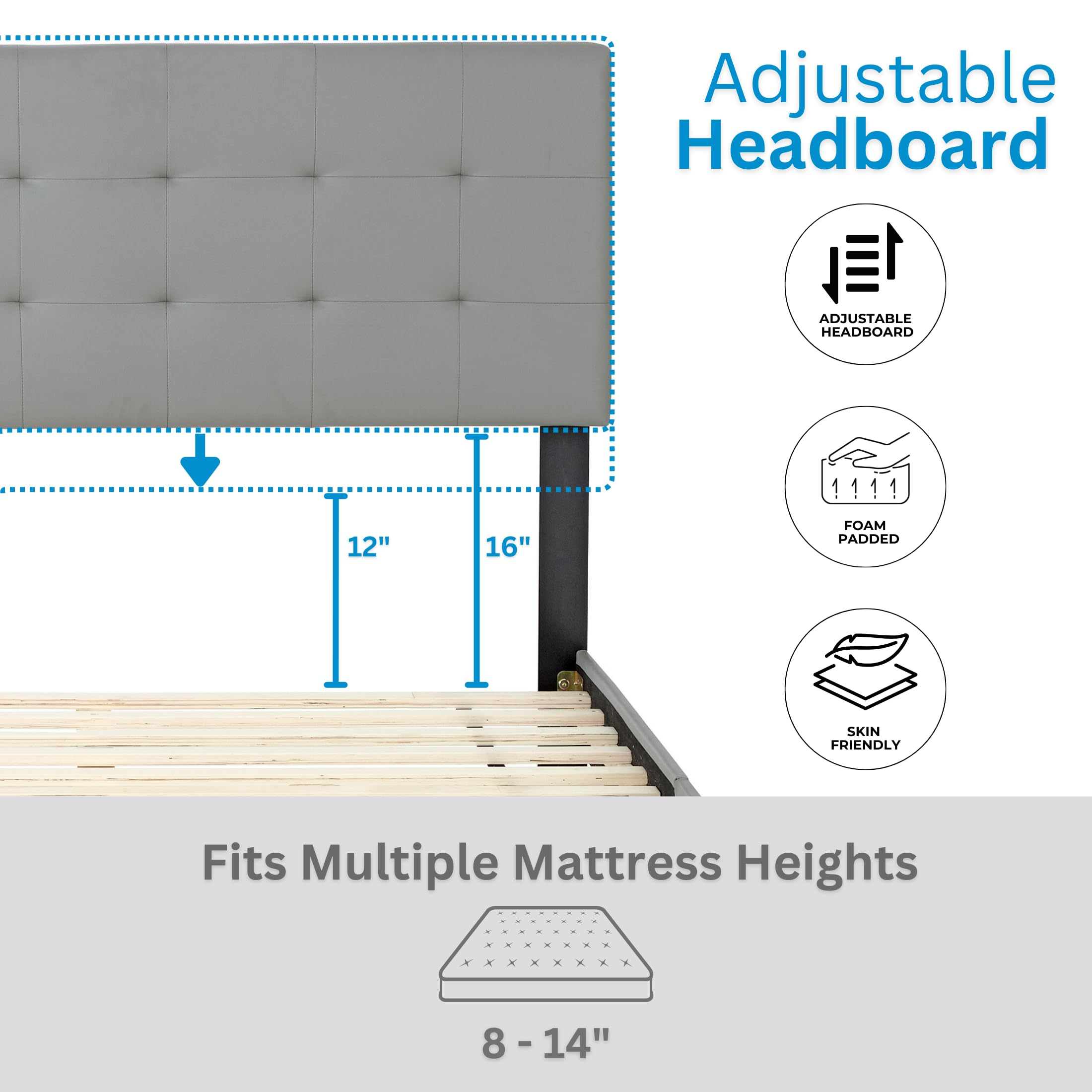 Boyd Sleep Roma Gray Vegan Leather Queen Size Platform Bed Frame with Adjustable Headboard - No Box Spring Needed, Easy Assembly, Quiet & Sturdy Mattress Support for Modern Bedroom, Guest Room or Apartment