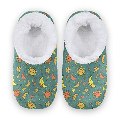 Women's & Men's Cozy Coral Fleece House Slippers with Sun Moon Stars Design - Soft Indoor Home Shoes for Winter Comfort (US 5-6) - Perfect for Lounging, Relaxing & Keeping Feet Warm