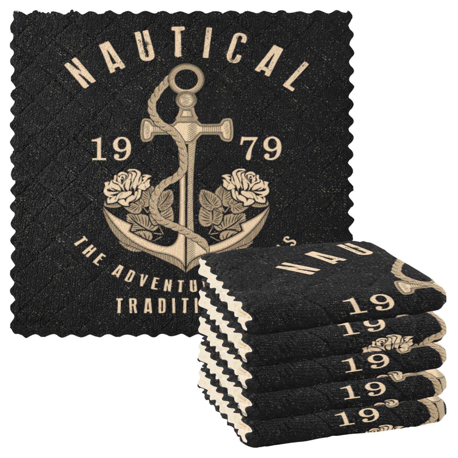 Vintage Golden Anchor Dish Cloth Towels - Super Absorbent Kitchen Towels, Premium Dish Rags & Washcloths for Cleaning - Fast Drying, Durable & Reusable - 11x11 Inches, 6 Pack - Perfect for Kitchen, Bathroom & Outdoor Use