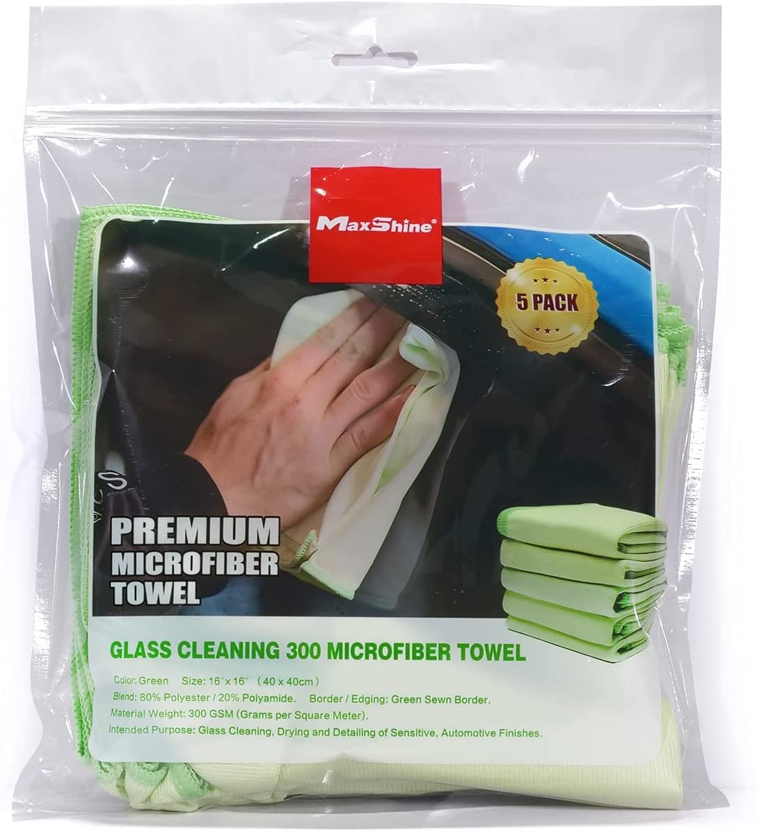 Maxshine 5 Pack Premium Glass Cleaning Microfiber Towels (300GSM) - 16”x16” (40x40cm) - Streak-Free, Lint-Free Cloths for Windows, Mirrors, Screens & Auto Glass - Professional Grade for Home, Office & Car Detailing