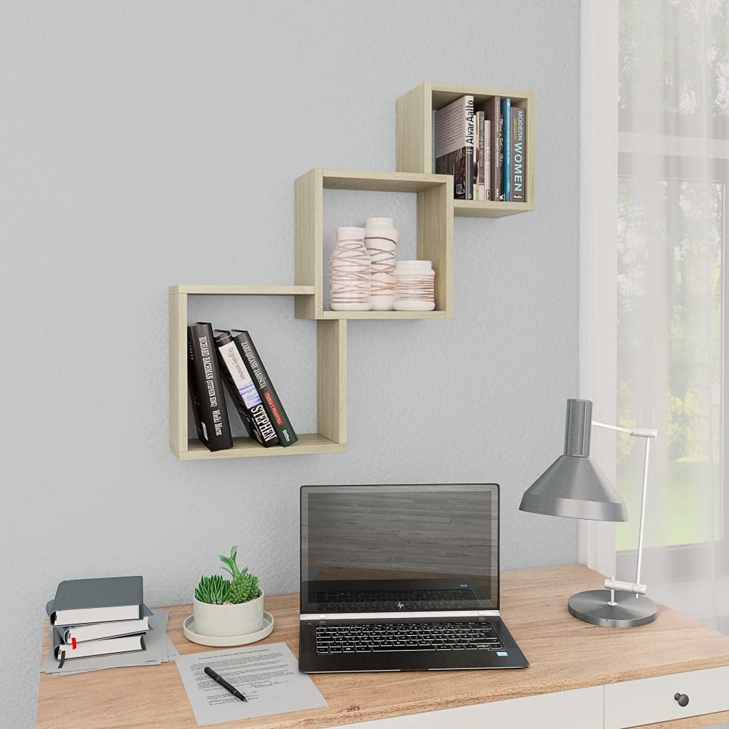 Wall Mounted Cube Shelves - Floating Bookcase Storage Organizer for Books, DVDs & Display - Sonoma Oak Finish - Perfect for Living Room, Bedroom & Office Decor
