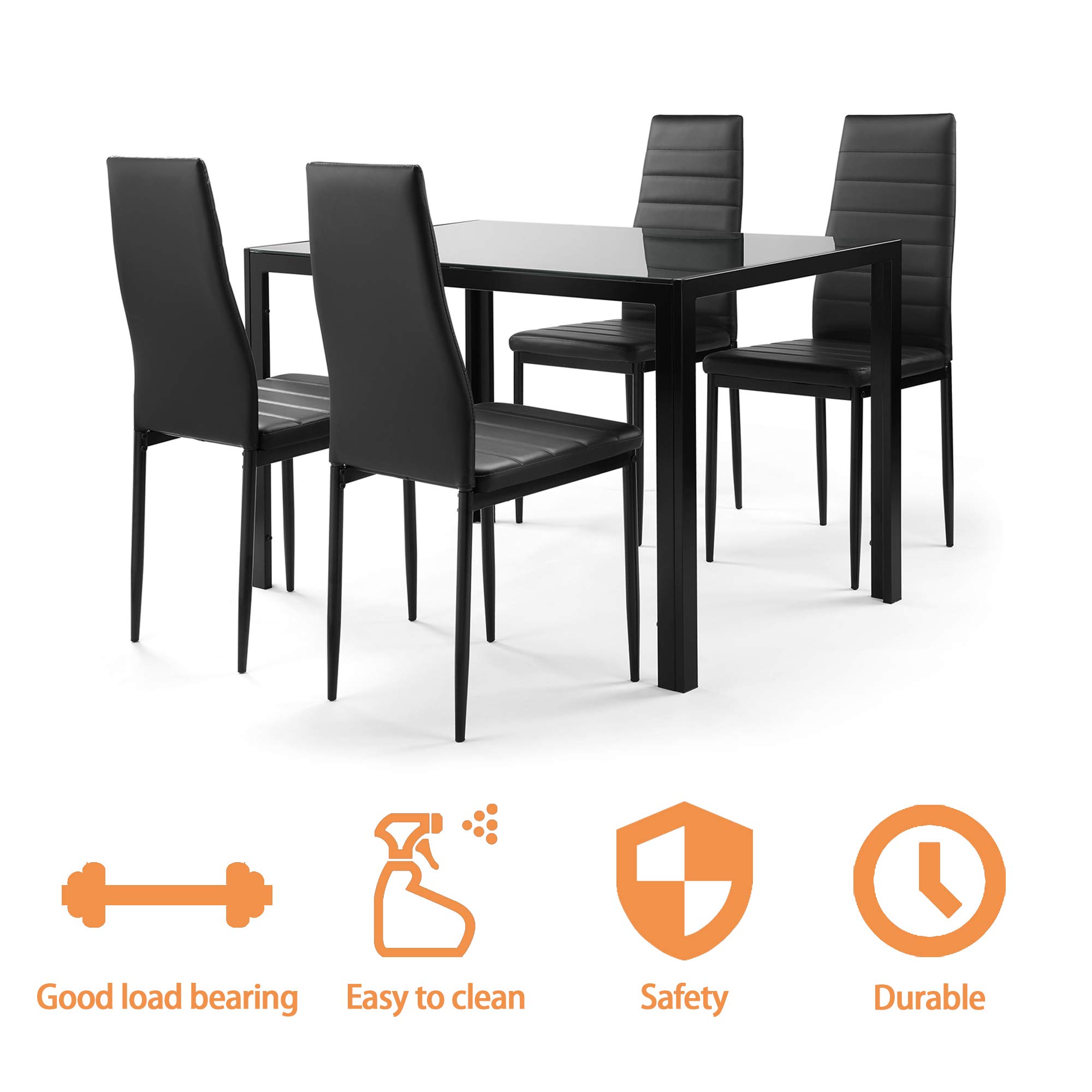IANIYA Modern Square Glass Dining Table Set with 4 Black Chairs - Perfect for Small Kitchen, Breakfast Nook, and Contemporary Dining Room Decor