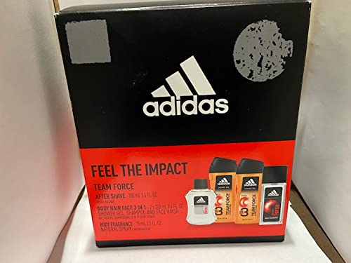 Adidas Feel The Impact Team Force Men's Grooming Kit - 2-in-1 Shower Gel for Body & Hair, After Shave Lotion & Cologne Set - Perfect for Travel, Gym & Daily Skincare Routine