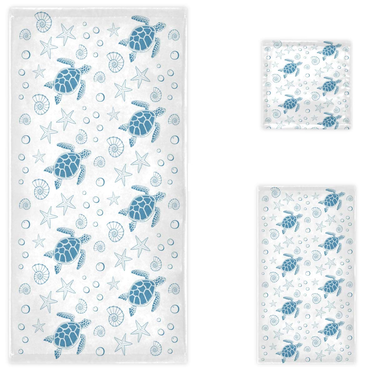 Premium Soft Luxury 3-Piece Bath Towel Set - 1 Bath Towel, 1 Hand Towel, 1 Washcloth with Ocean Turtle & Starfish Shell Design | Ultra Absorbent for Bathroom, Hotel, Gym, Spa & Beach Use | Blue & White Coastal Decor
