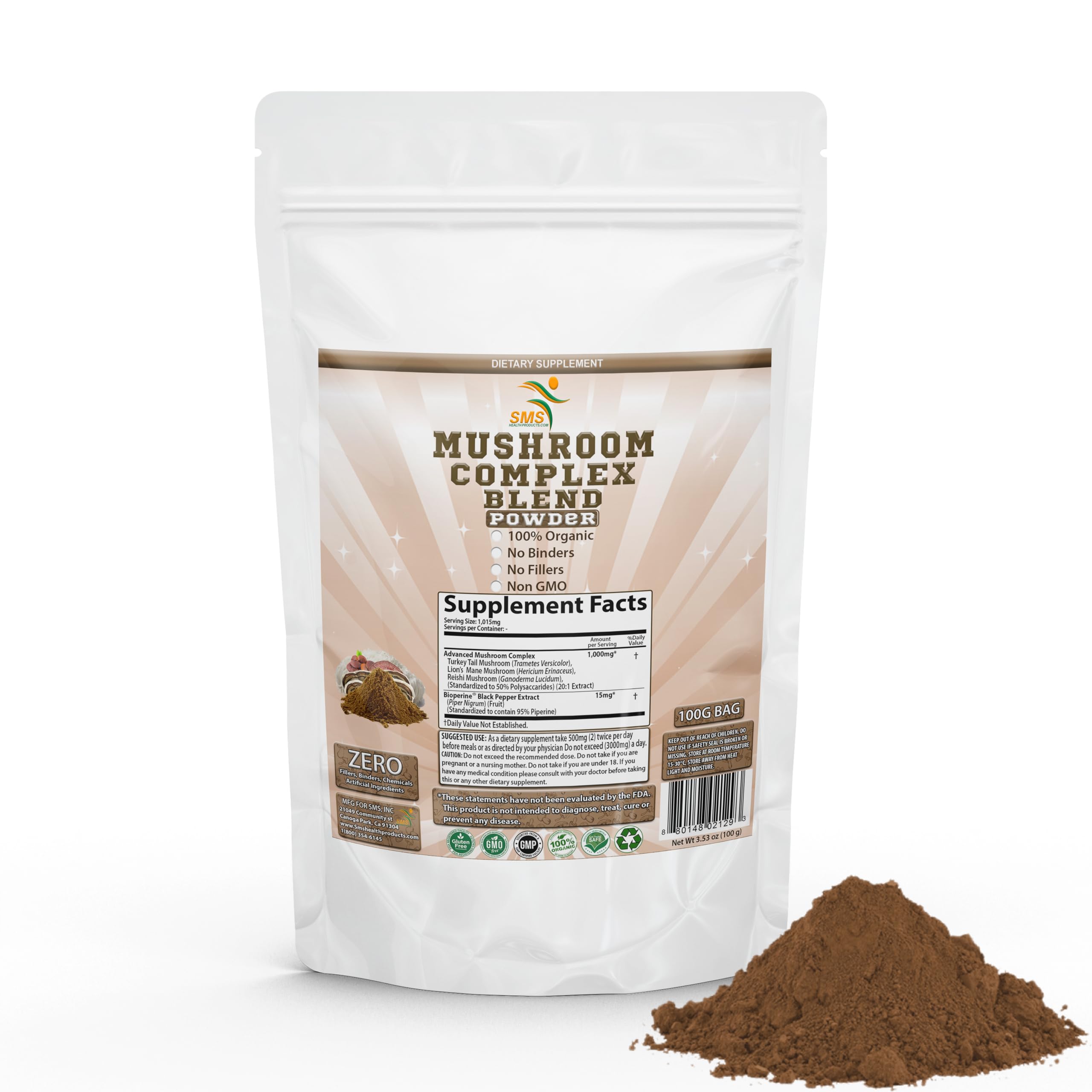 Premium Mushroom Complex Supplement - 50% Polysaccharides Powder with Lion's Mane, Reishi, Turkey Tail - Immune System Support & Cognitive Boost - 100g Organic Powder for Tea, Smoothies & Wellness Drinks