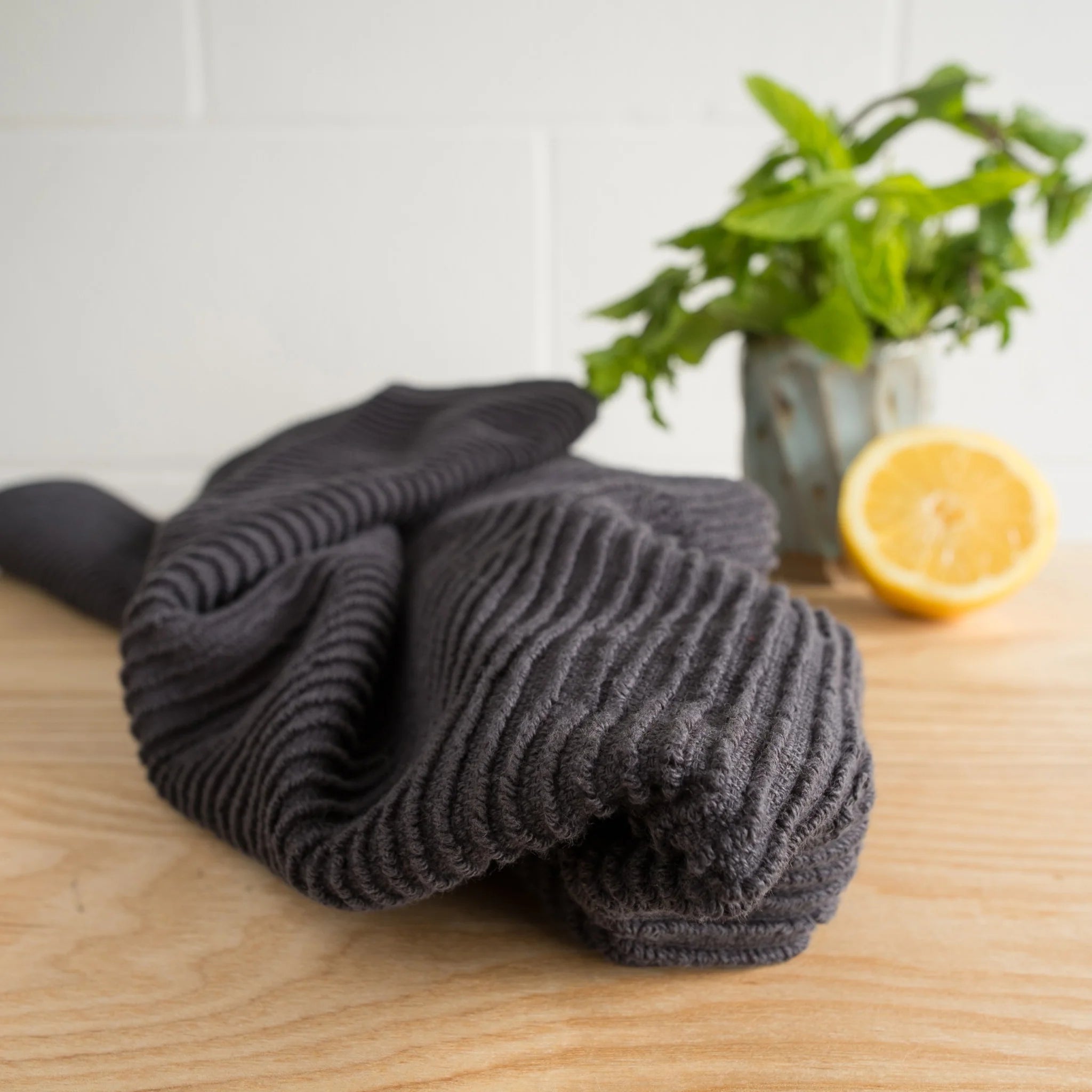 Premium Danica Ripple Terry Cotton Dish Towel - Super Absorbent Kitchen Towel for Drying Dishes, Hands & Countertops - Stylish Black Dishcloth for Modern Kitchens