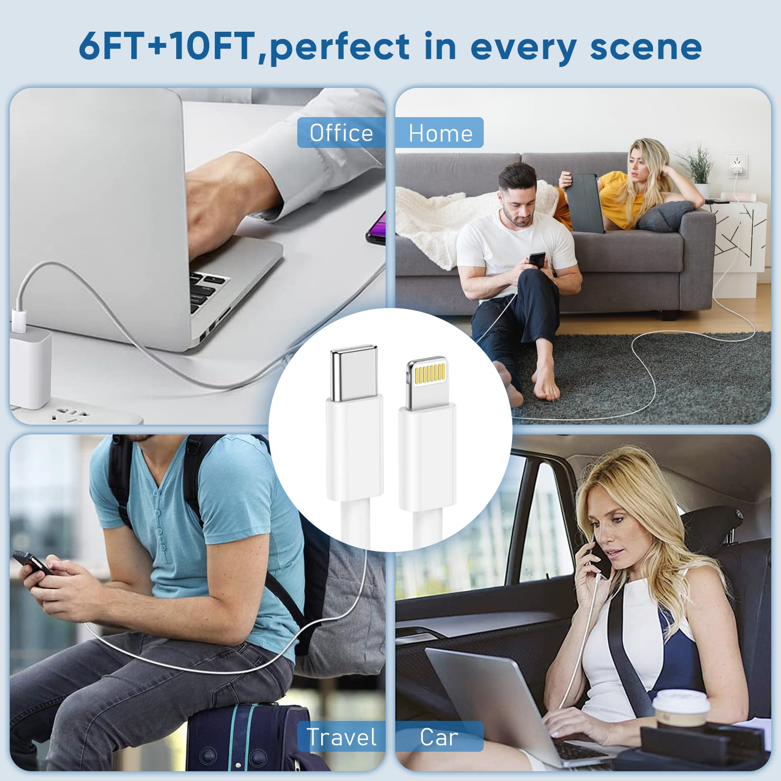 MFi Certified USB C to Lightning Cable - Fast Charging iPhone Charger Cord (3 Pack: 6ft+6ft+10ft) for iPhone 14/13/12/11/X/8 - Perfect for Home, Office & Travel Charging