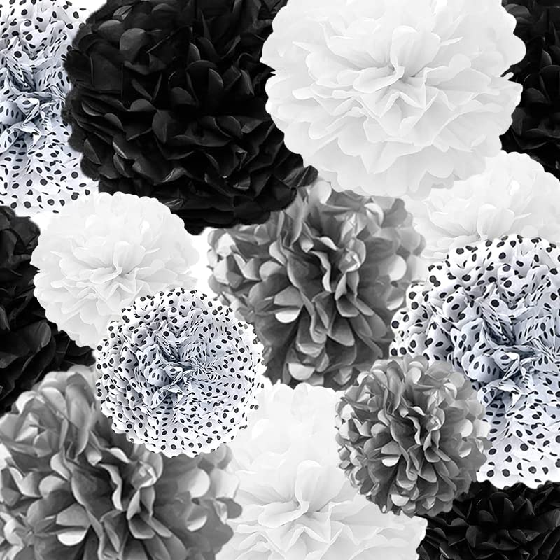 22-Pack Black, Silver, Polka Dot & White Tissue Paper Pom Poms - Fluffy Paper Flower Balls for Birthday, Bachelorette, Wedding, Baby Shower & Bridal Shower Party Decorations - Perfect for Ceiling, Table & Wall Decor