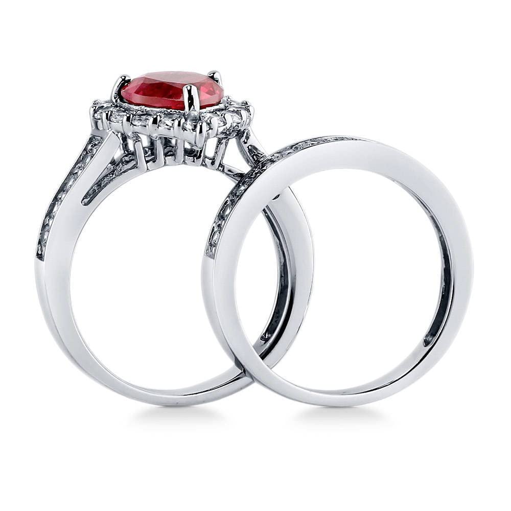 Sterling Silver Halo Engagement Ring with Heart-Shaped Simulated Ruby & Cubic Zirconia - Women's Wedding Jewelry Set (Size 4-10, Rhodium Plated) - Perfect for Proposals, Anniversaries & Romantic Gifts