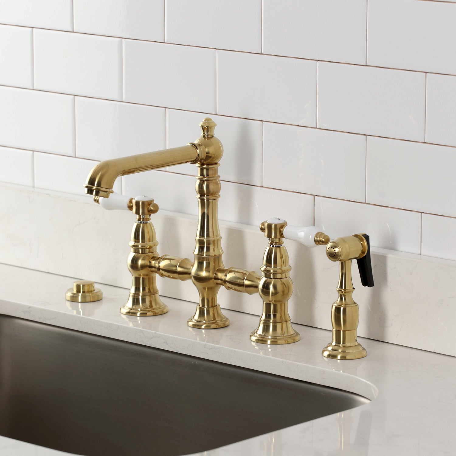 Bel Air KS7277BPLBS Brushed Brass Two-Handle 4-Hole Deck Mount Bridge Kitchen Faucet with Side Sprayer - Perfect for Farmhouse, Vintage & Industrial Style Kitchens