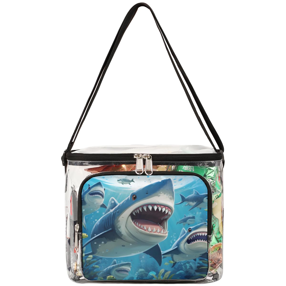 GzLeyigou Clear Shark Tote Bag with Handles - Transparent Crossbody Shoulder Bag for Lunch, Beach, Travel, Picnic, Concerts & Sports Events - Stadium Approved Shark Themed Purse for Women & Teens - Perfect for Outdoor Activities, Theme Parties & Water Park Adventures