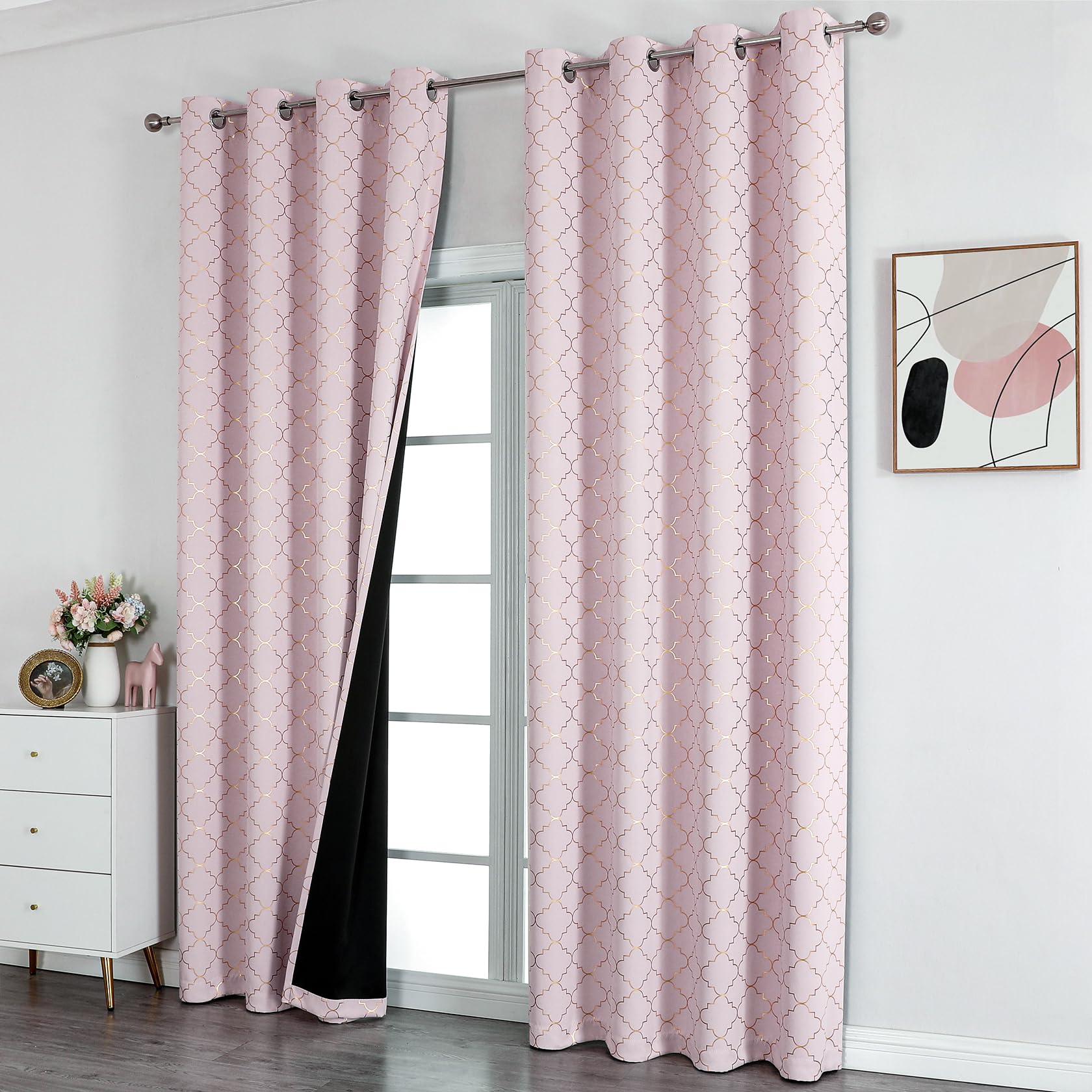 Enactex 100% Blackout Thermal Insulated Curtains - 95 Inch Long Pink Drapes with Gold Geometric Pattern, Room Darkening Grommet Window Panels for Girls Bedroom & Living Room | Perfect for Light Blocking, Privacy & Energy Efficiency