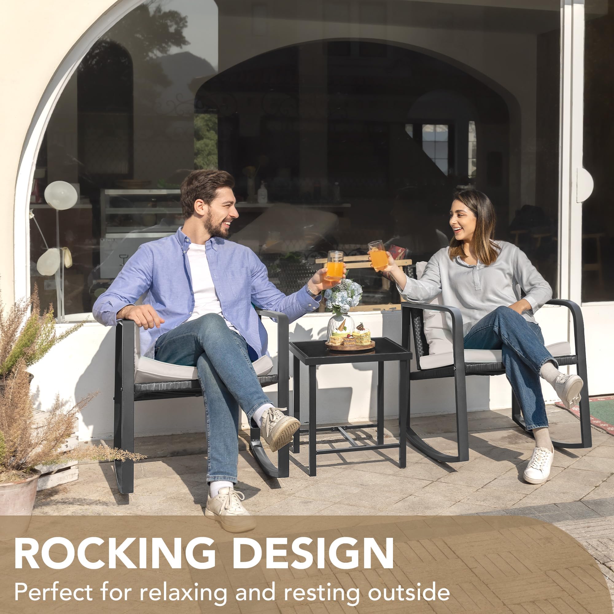 Devoko 3-Piece Wicker Patio Furniture Set - Outdoor Rocking Bistro Chairs with Glass Coffee Table, Beige - Perfect for Porch, Garden, Backyard & Poolside Relaxation