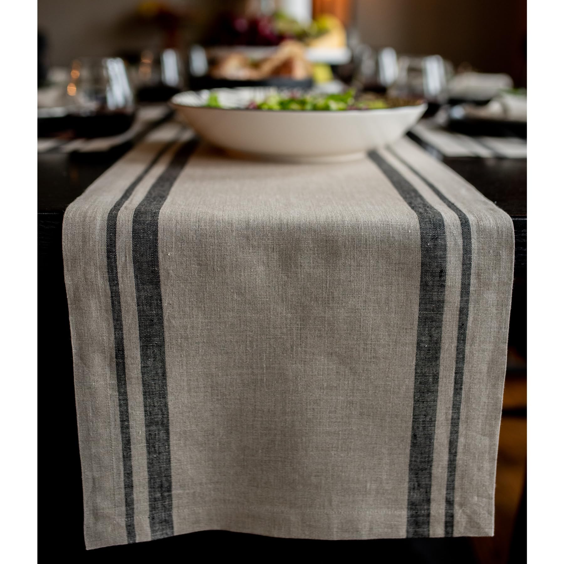 French Stripe Linen Table Runner 14x48 Inch - 100% Pure Linen for Coffee & Dining Tables