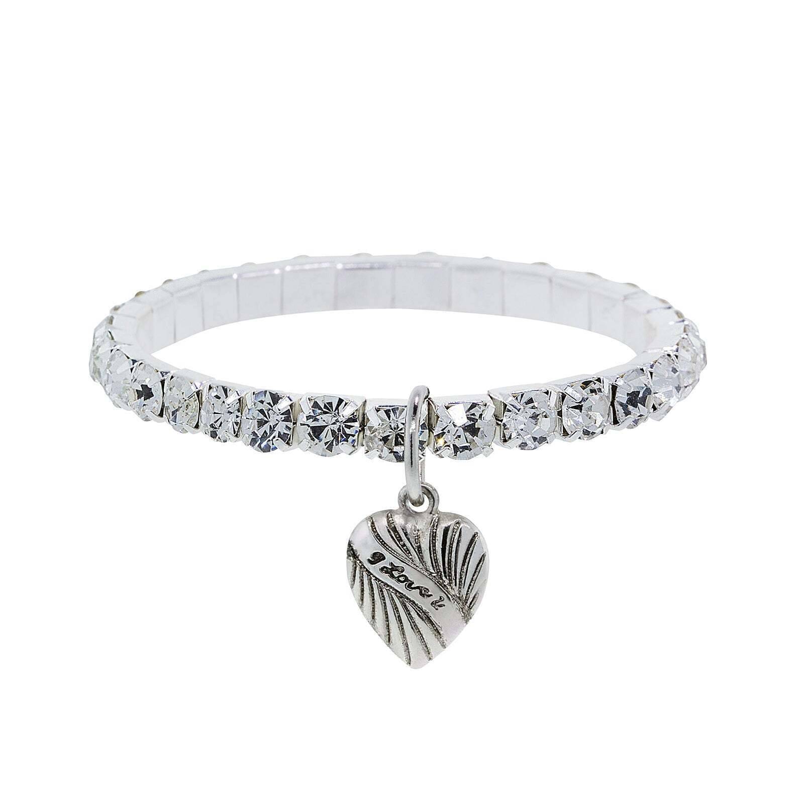 1928 I Love You Heart Charm Rhinestone Crystal Stretch Bracelet for Women - Elegant Adjustable Elastic Wristband for Valentine's Day, Anniversary, Birthday Gifts & Romantic Occasions