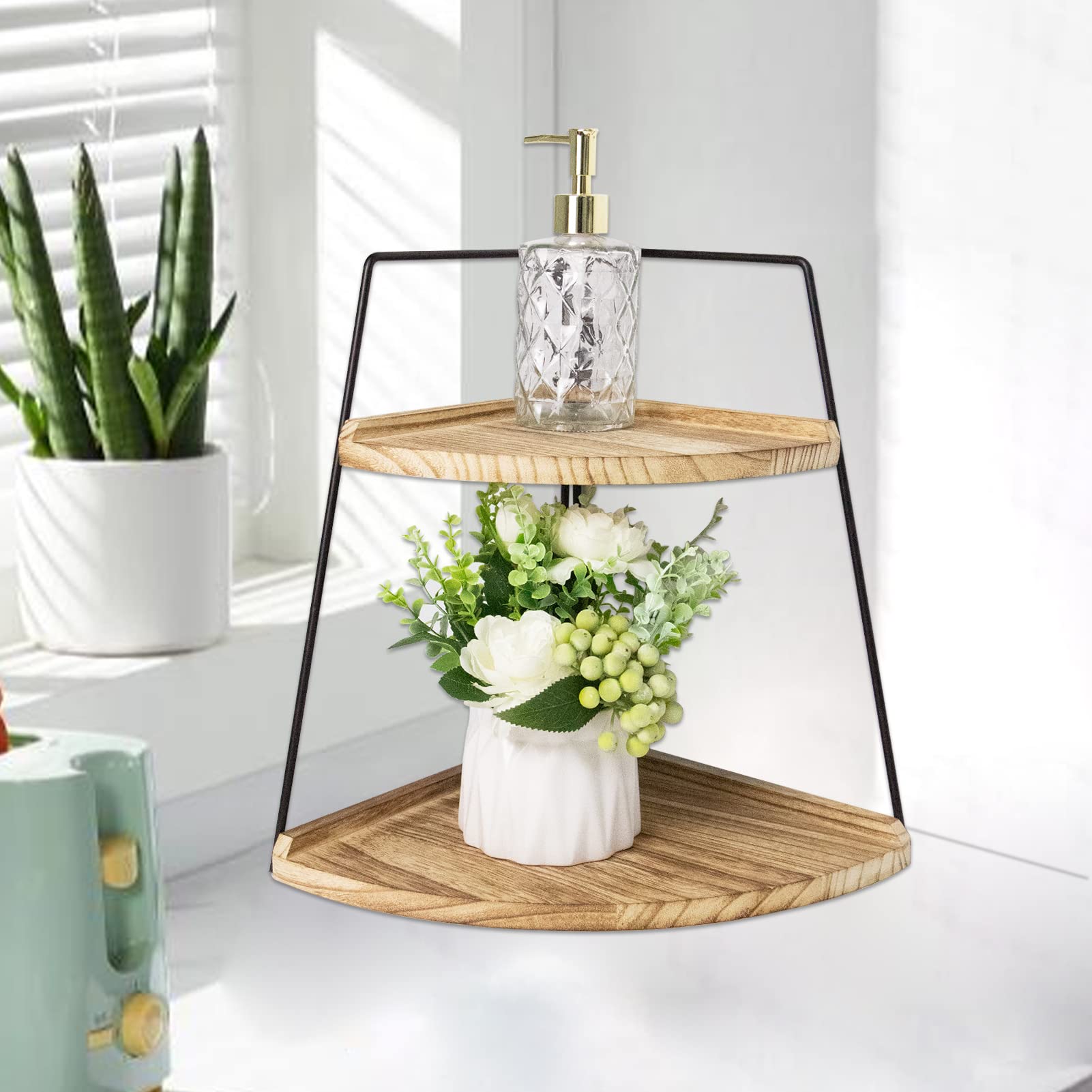 2 Tier Wooden Bathroom Counter Organizer - Standing Cosmetic & Vanity Storage Rack with Tray - Natural Log Color for Bathroom, Bedroom, Dressing Table - Perfect for Organizing Makeup, Skincare & Jewelry