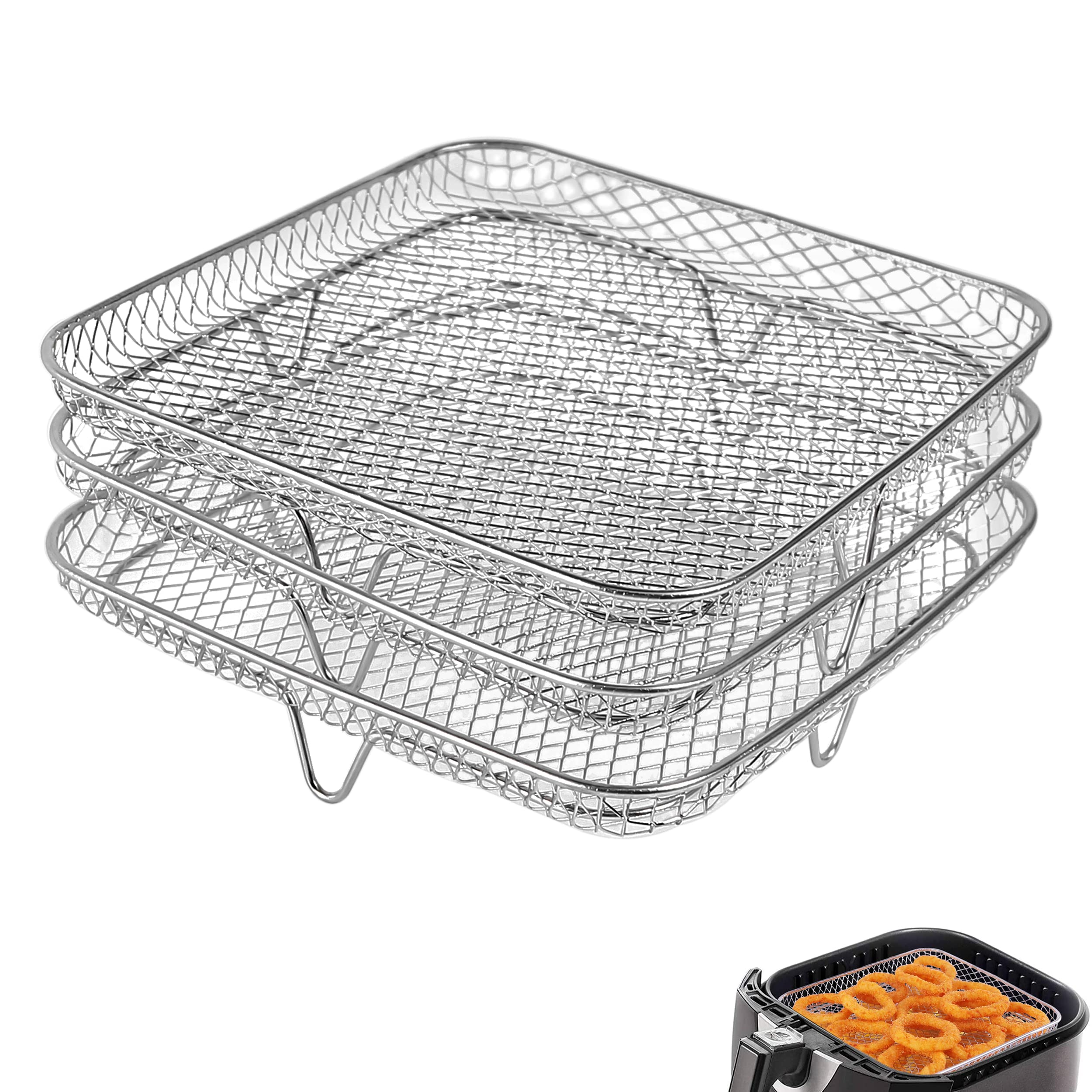 RAMLLY 8 Inch Stainless Steel Air Fryer Rack - 3 Stackable Square Racks for Instant Vortex, Philips, COSORI Air Fryers - Multi-Layer Dehydrator Accessories for Healthy Cooking, Meal Prep & Snack Making