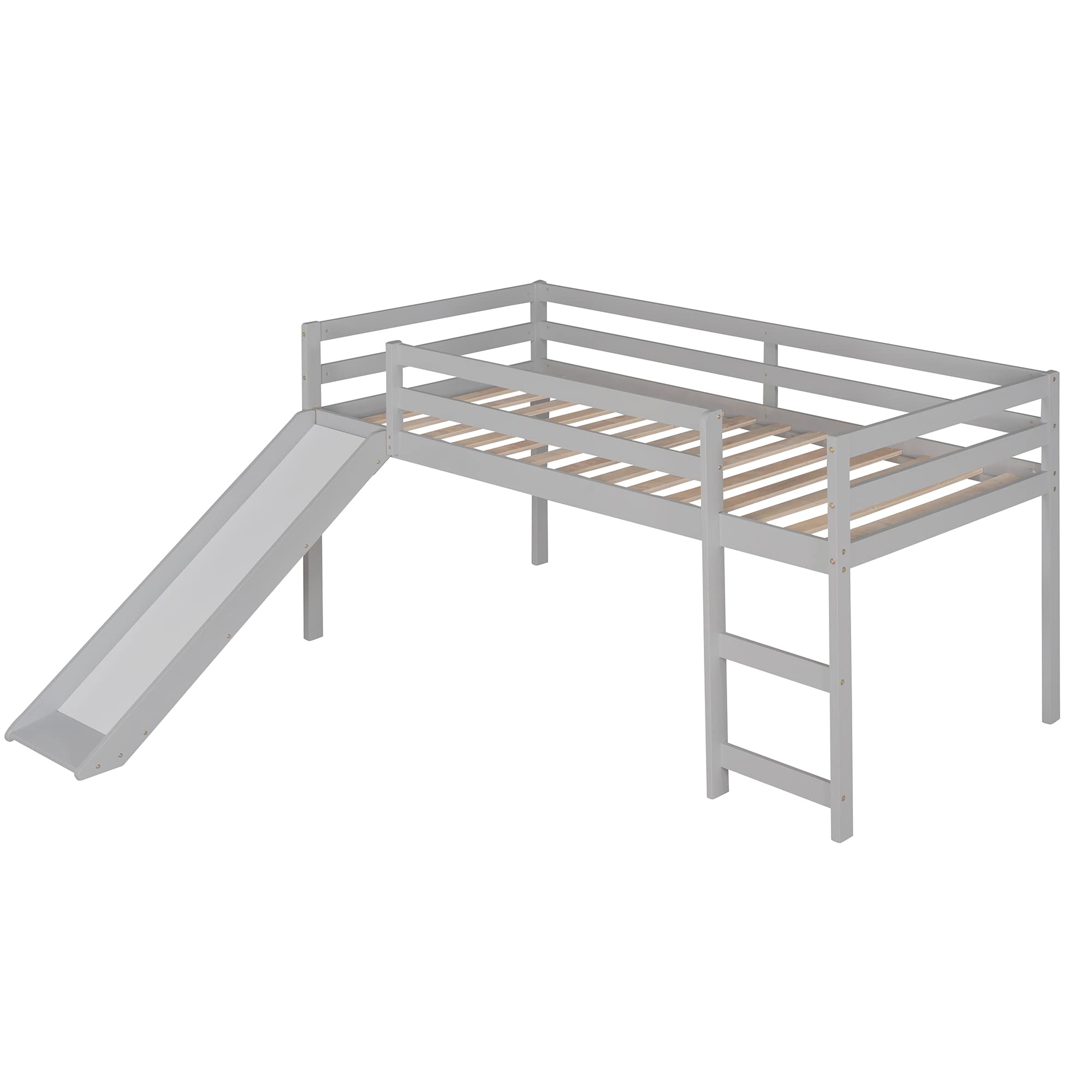 JULYFOX Twin Loft Bed with Slide for Kids - Solid Pine Wood Bunk Bed Frame with Ladder, Headboard & Guard Rails - No Box Spring Needed - Ideal for Small Spaces, Teens & Junior Kids (Gray) - Perfect for Bedrooms, Playrooms & Dorm Rooms