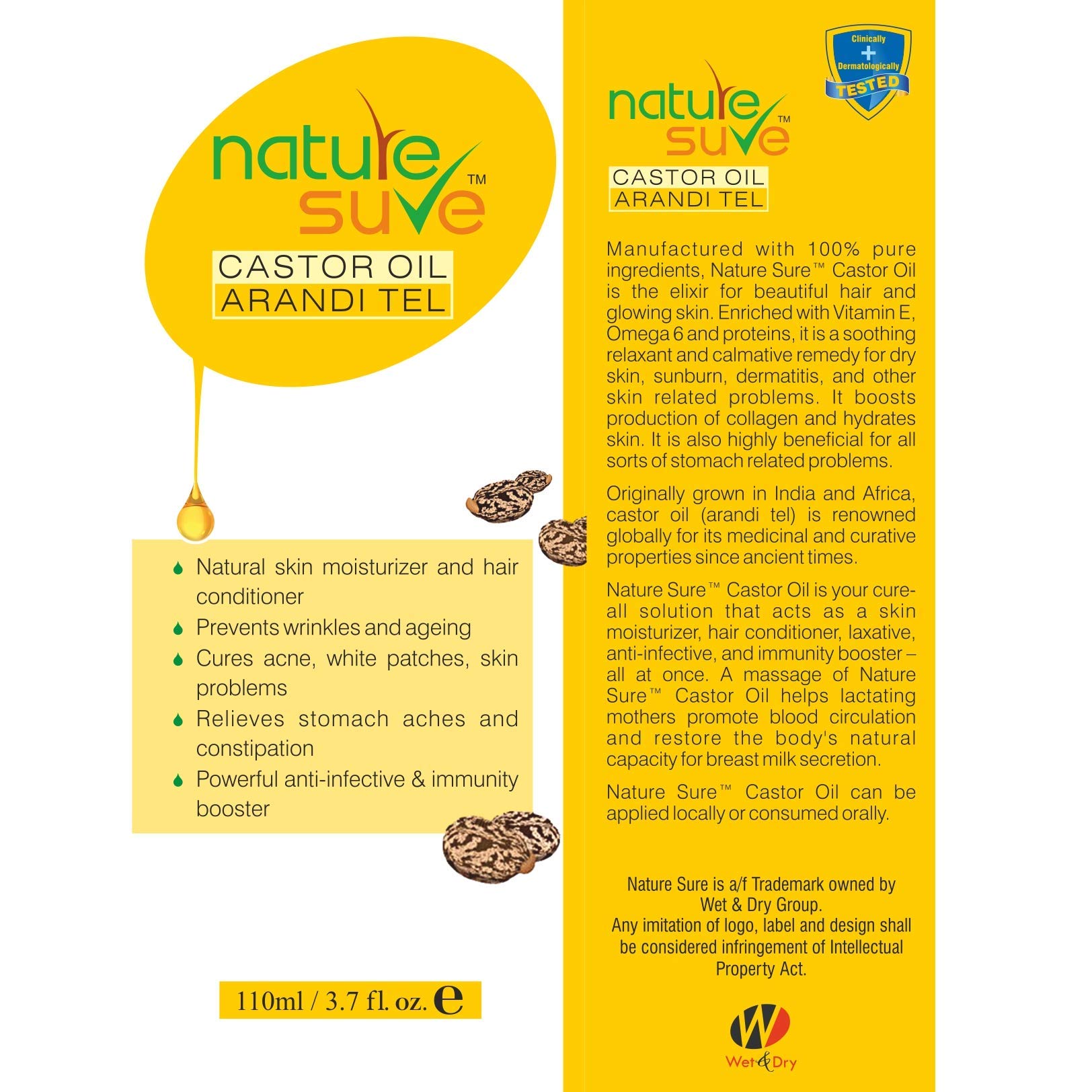 Nature Sure™ Pure Cold-Pressed Castor Oil (Ricinus communis) - 5 Pack (110ml Each Bottle) for Hair Growth, Eyelashes, Eyebrows & Skin Care | Natural Moisturizer for Face, Scalp & Body | USDA Certified Organic