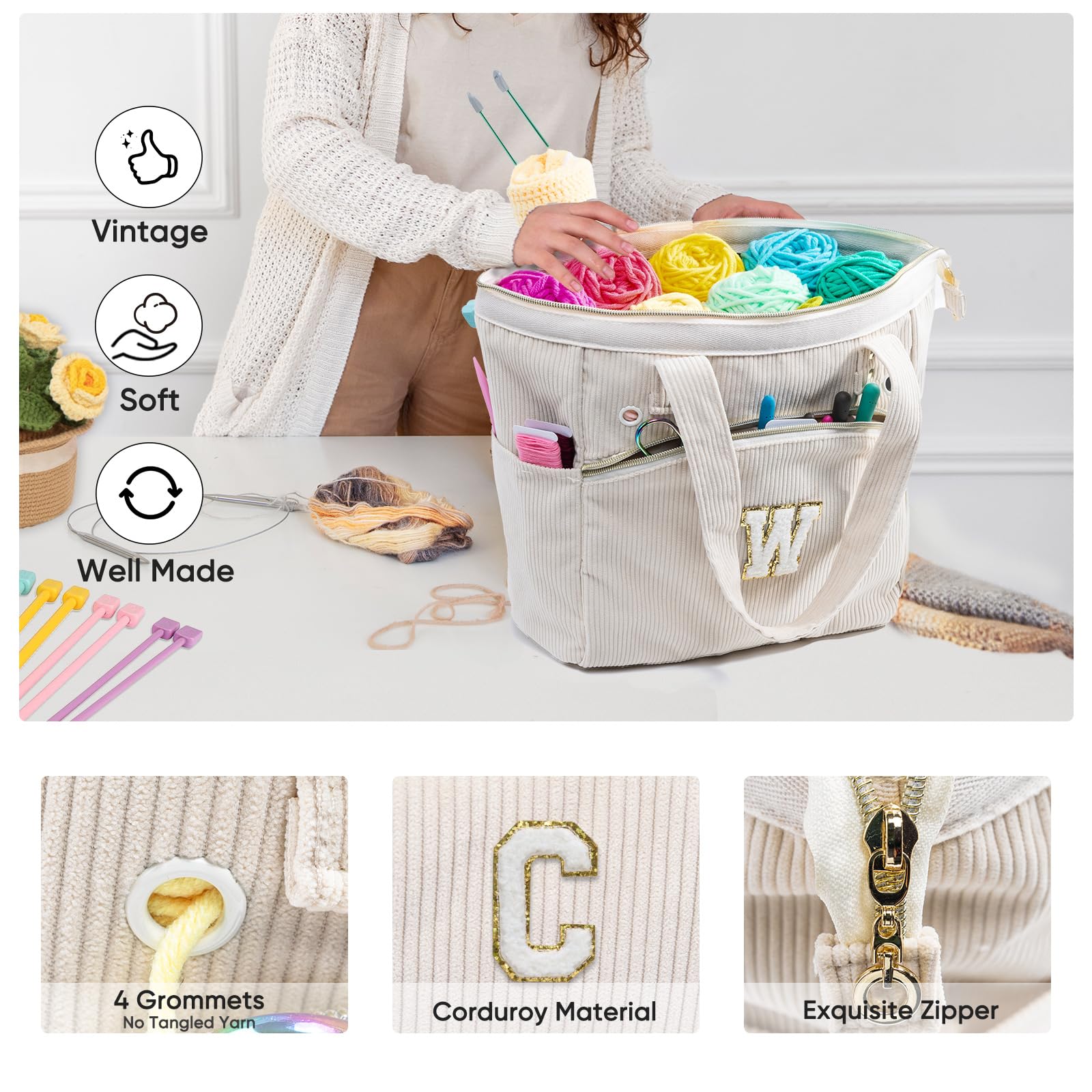 Personalized Crochet Tote Bag - Corduroy Yarn Storage Organizer for Knitting Hooks & Accessories - Perfect Knitting Project Bag & Gift for Crochet Lovers - Ideal for Crafting, Travel & Daily Use