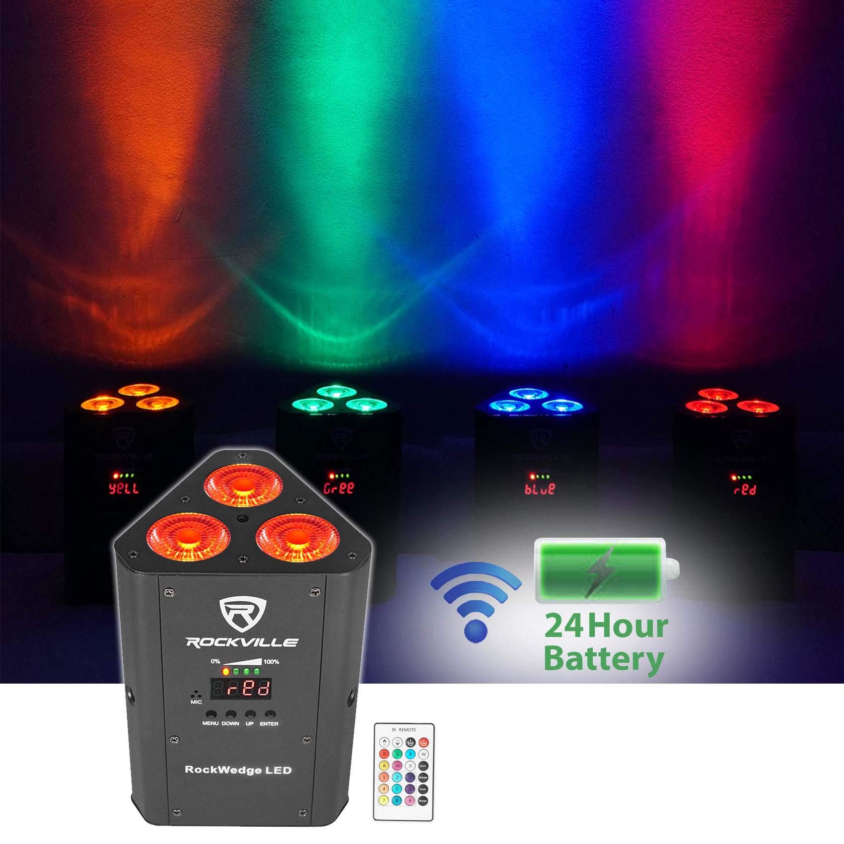 Rockville RockWedge LED RGBWA+UV Rechargeable Wireless DMX DJ Par Up-Lights - Professional Stage Lighting for Weddings, Clubs, and Events