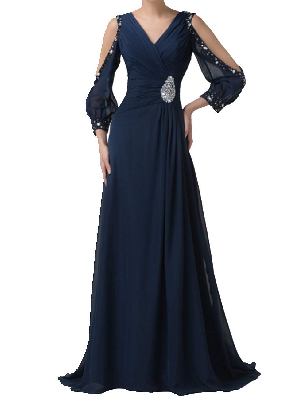 ANGELA Women's Beaded V-Neck Sheer Long Sleeve Chiffon Evening Gown - Elegant Formal Dress for Prom, Wedding Guest & Special Occasions