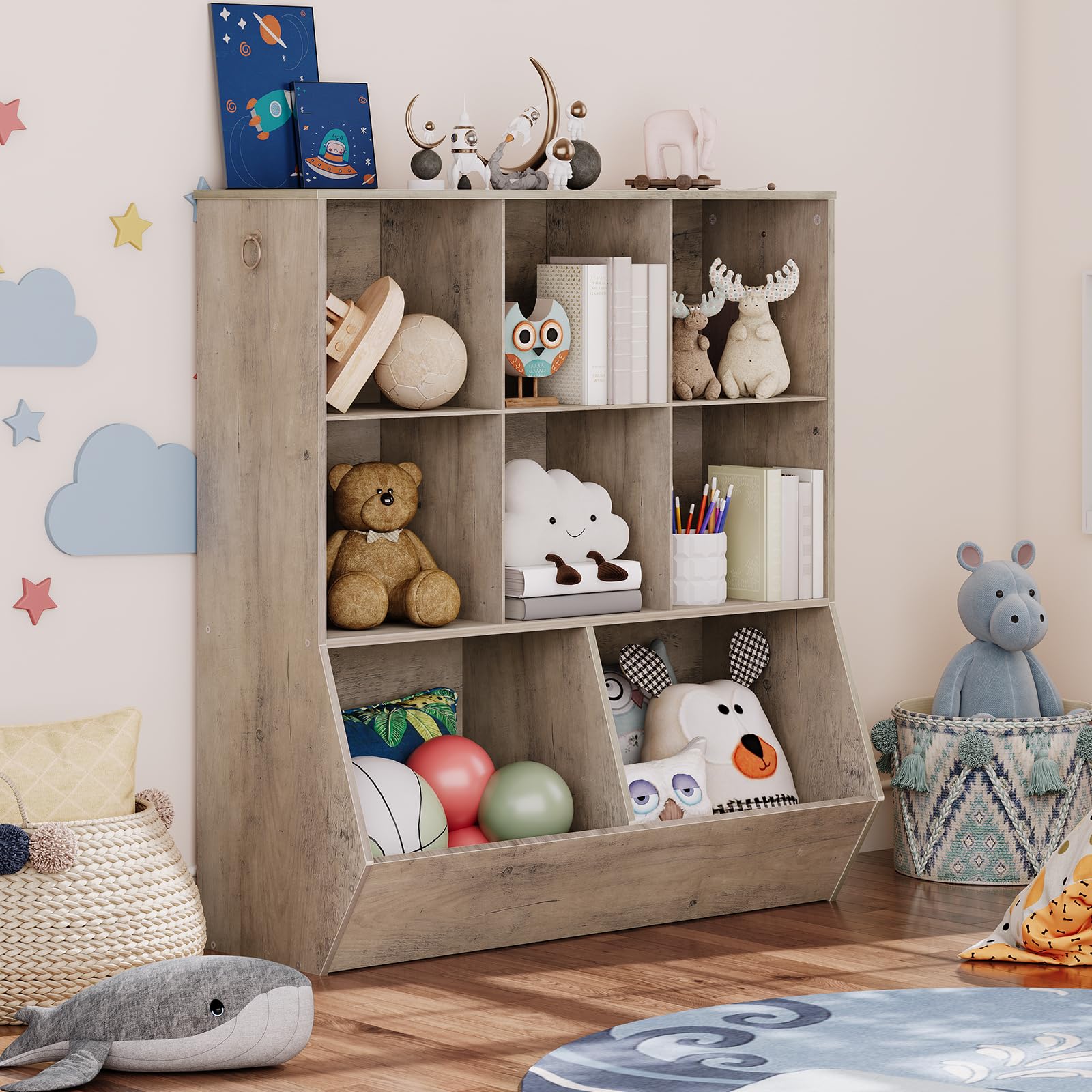HOOBRO Kids Bookshelf and Toy Storage Organizer with 8 Cubicles, Greige BG35CW01G1 - Perfect for Playroom, Bedroom, Nursery & School Organization