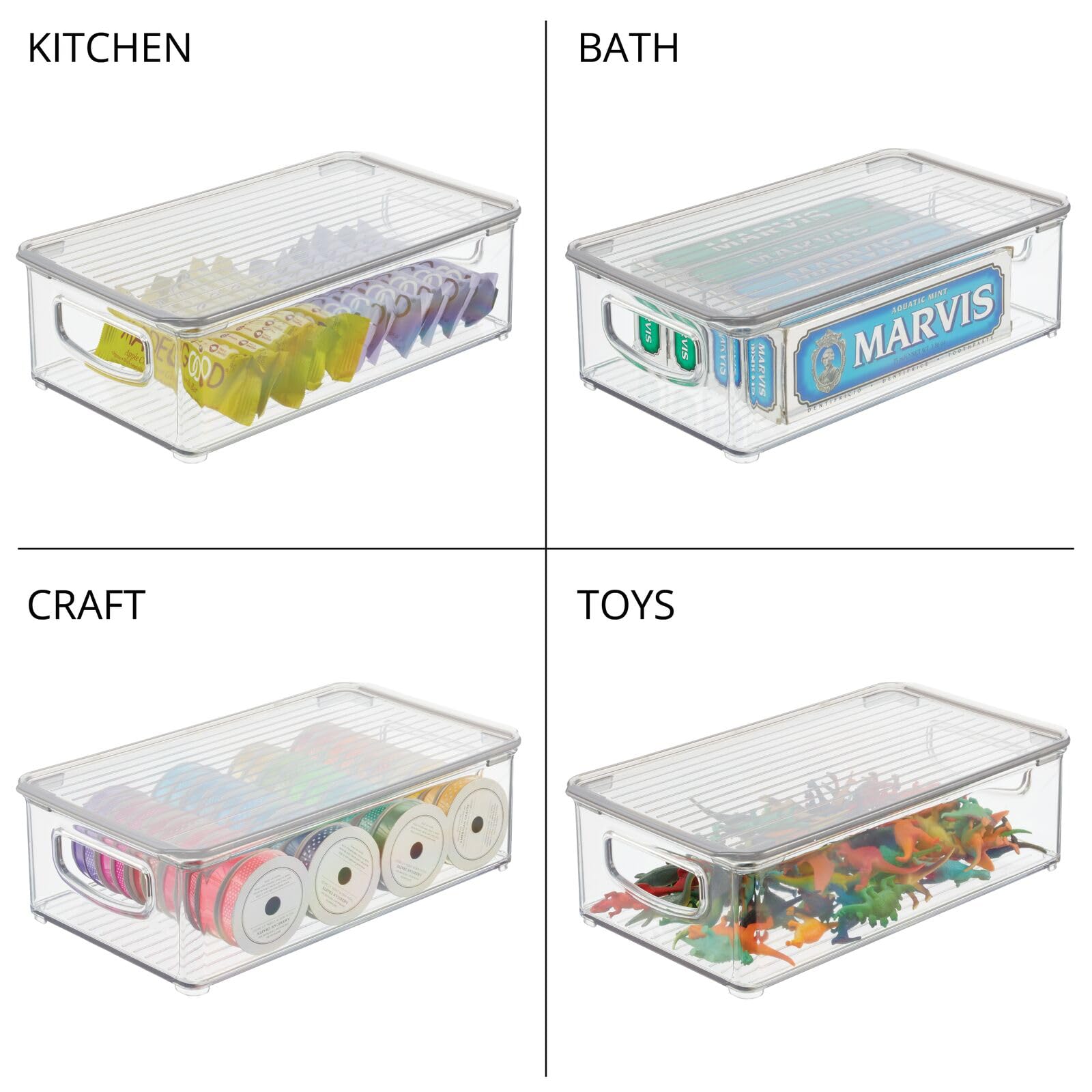 mDesign Plastic Storage Bin Box with Lid & Built-in Handles - 4 Pack Clear Organizer for Office Supplies, Pens, Pencils - Perfect for Home Office, Desk, Cabinet Organization - Ligne Collection Storage Containers