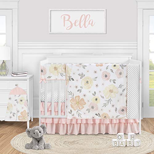 Sweet Jojo Designs Yellow & Pink Watercolor Floral Baby Girl Nursery Crib Bedding Set - 5 Piece Crib Skirt, Fitted Sheet & Decor - Blush Peach Farmhouse Style for Newborn & Toddler Rooms - Perfect for Shabby Chic, Rose Flower & Polka Dot Nursery Themes