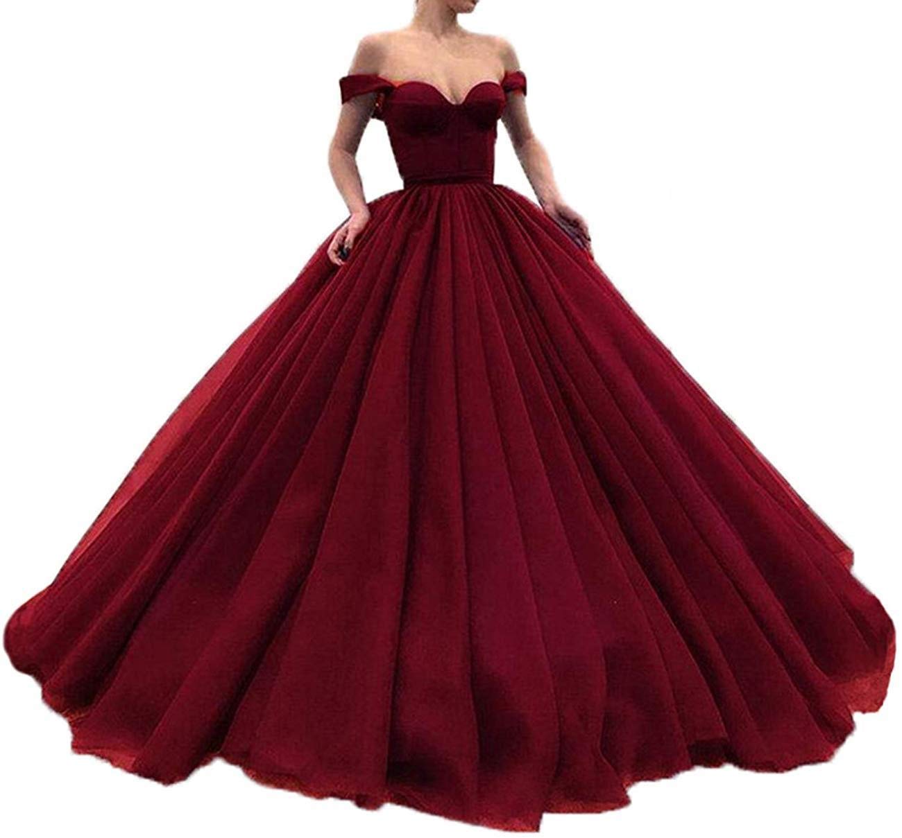 Monalia Women's Burgundy Off Shoulder Formal Evening Dress - Tulle Long Wedding Ball Gown Size US 8 | Perfect for Prom, Bridal Party, Black Tie Events & Special Occasions