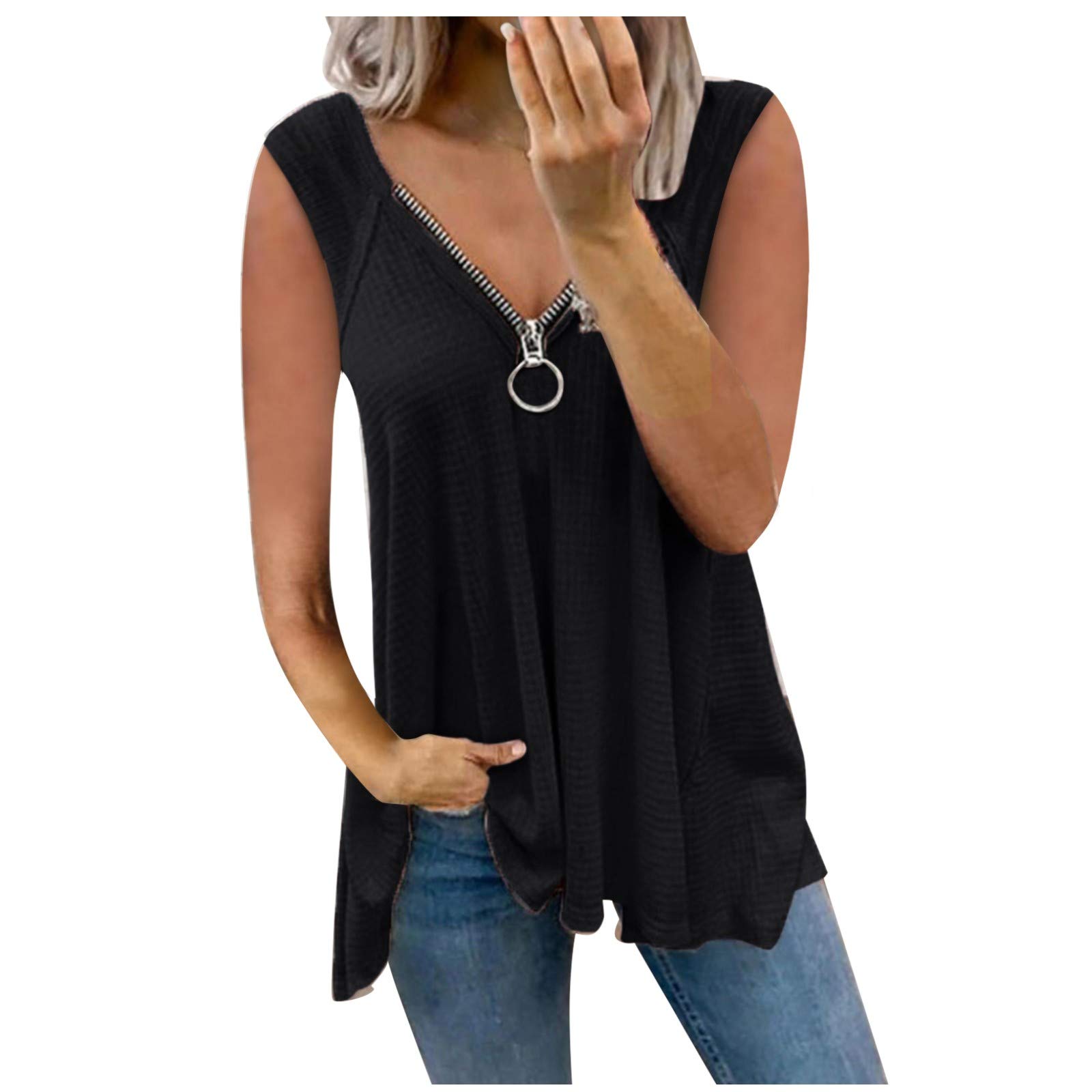 Morecome Women's Fashion V-Neck Zipper Tank Top - Waffle Knit Sleeveless Loose Blouse for Summer, Beach & Casual Wear