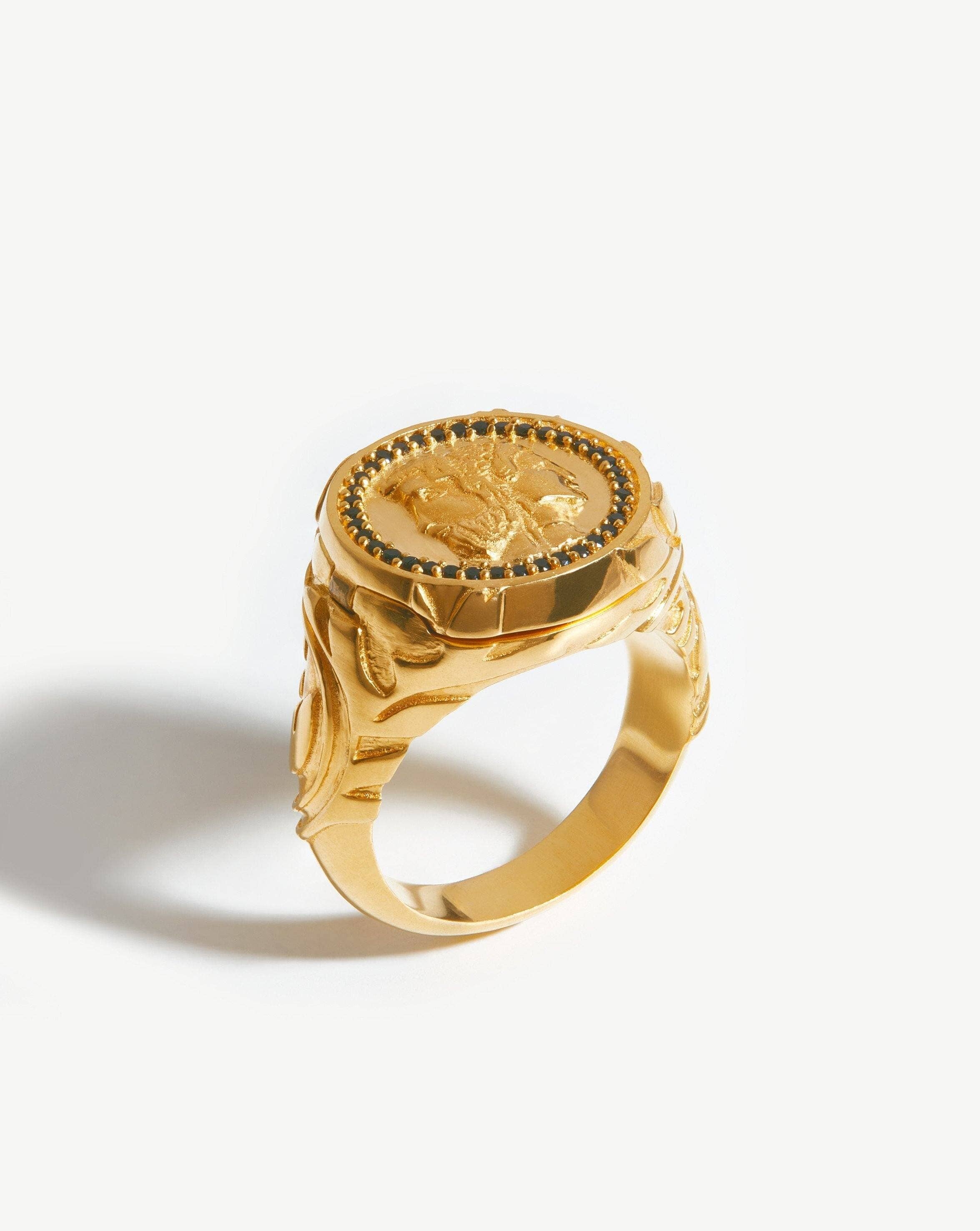 Harris Reed Janus Locket Signet Ring - 18k Gold Plated Black Cubic Zirconia Jewelry for Women | Elegant Statement Piece for Parties, Weddings & Special Occasions