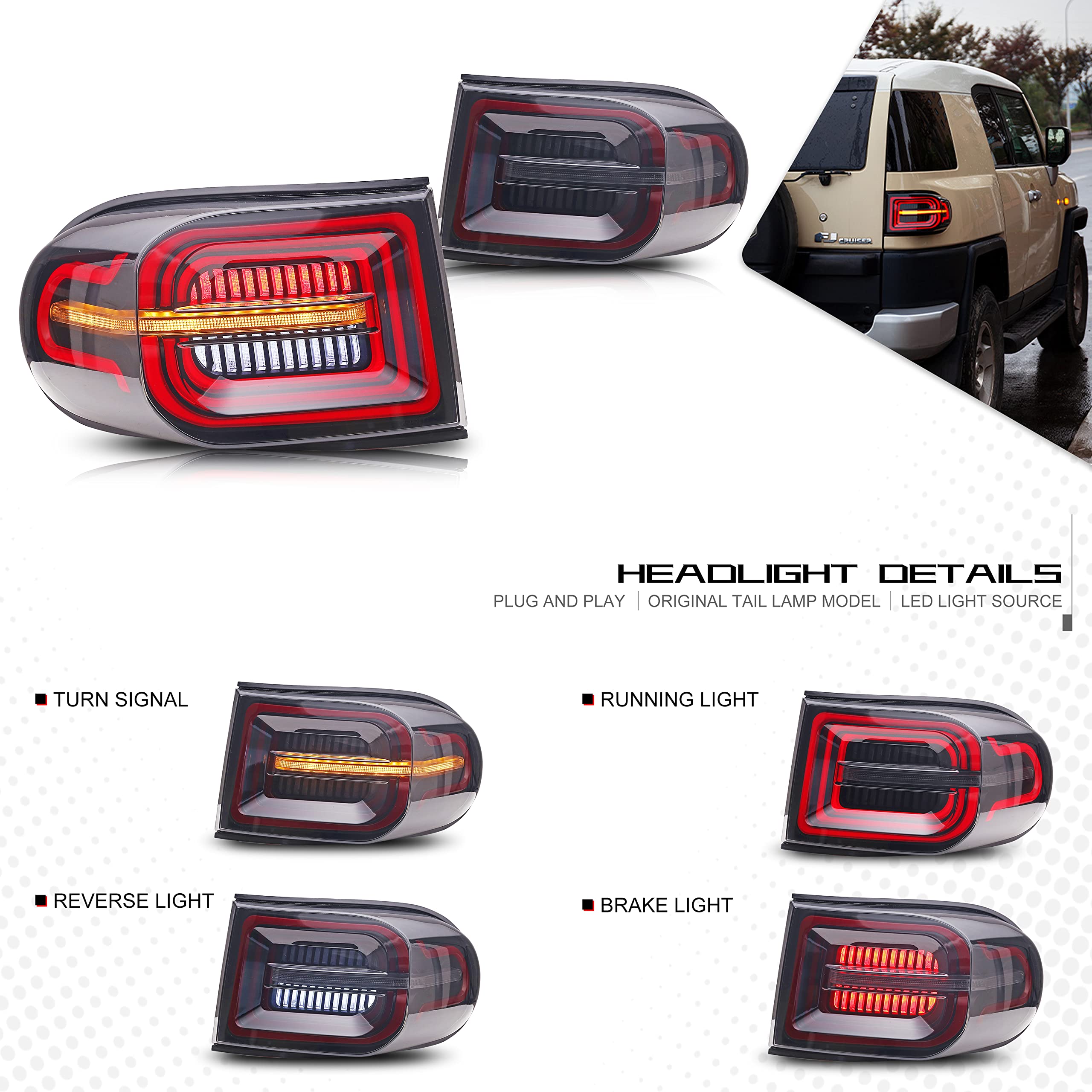 2007-2014 Toyota FJ Cruiser LED Tail Lights with Start-up Animation | DRL Sequential Turn Signals | Rear Lamp Assembly | Upgrade for Off-Road & Night Driving Safety