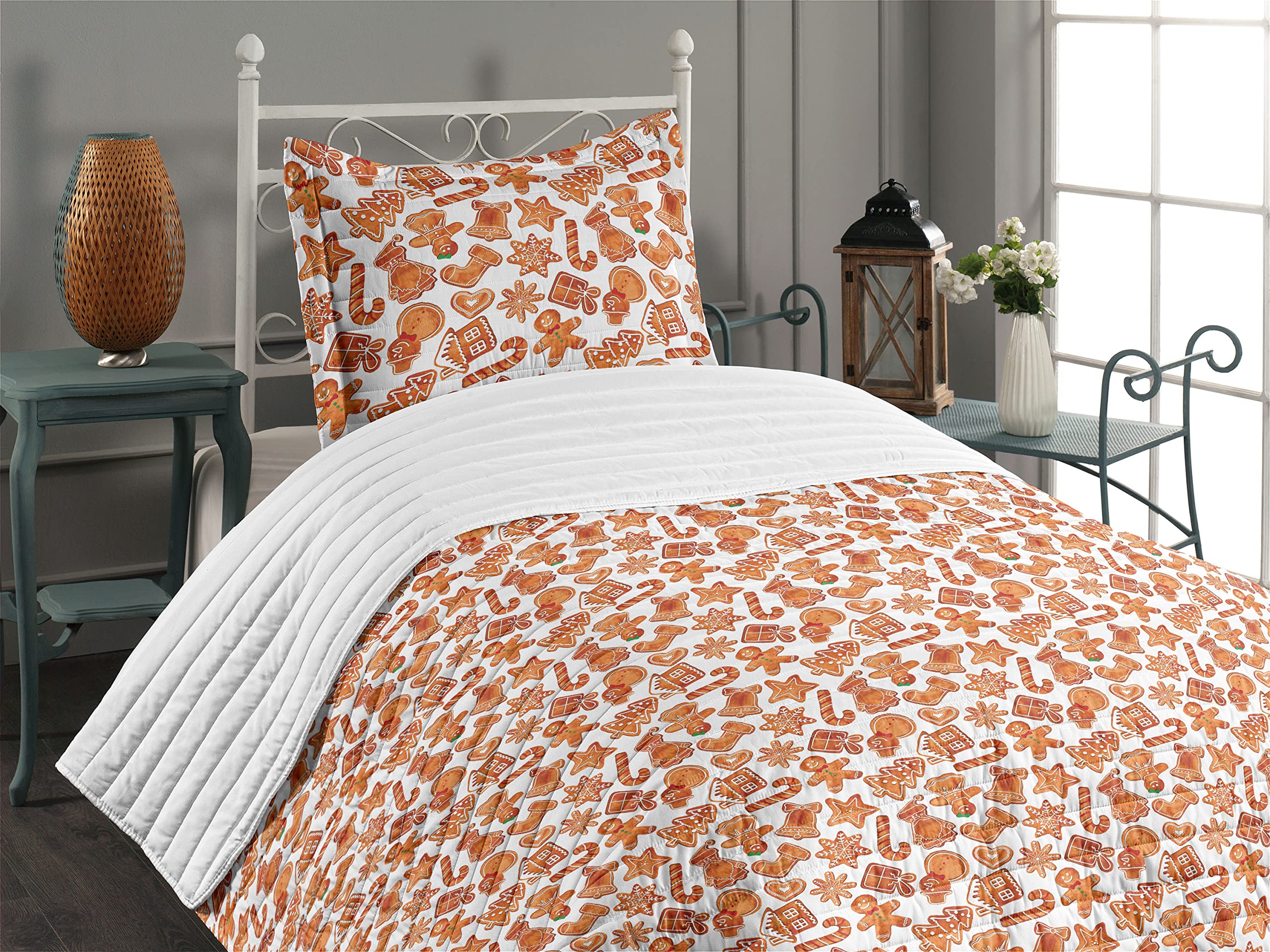 Ambesonne Christmas Microfiber Bedspread Set - Gingerbread Man House Holiday Theme Twin Size Bedding | Soft Comforter & Pillow Sham in Pale Brown & White | Perfect for Festive Bedroom Decor & Winter Celebrations