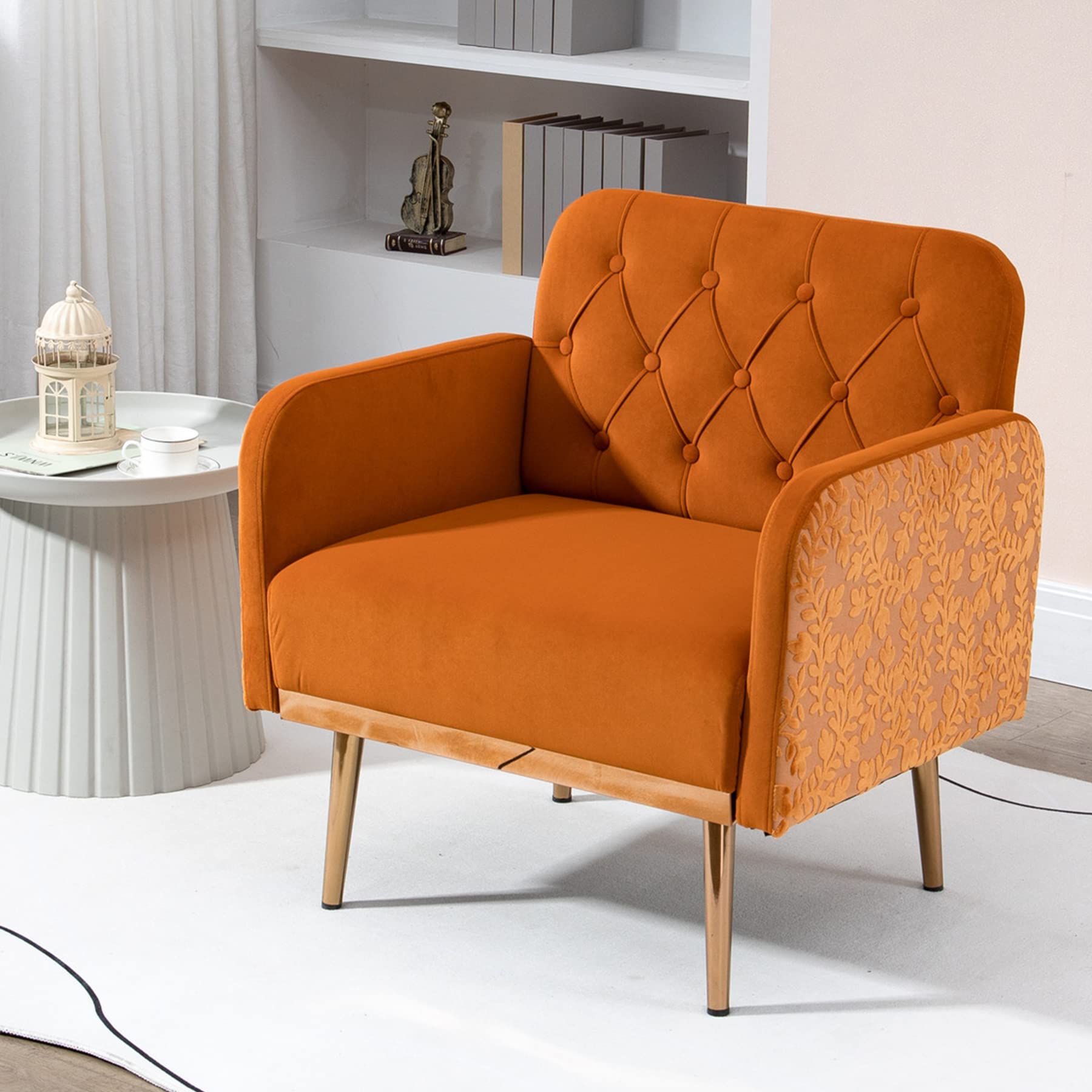 HUAYICUN Modern Accent Chair for Living Room & Bedroom - Comfortable Single Sofa Chair with Sturdy Frame - Space-Saving Design Perfect for Small Apartments, Home Office & Reading Nook - Soft Orange Fabric Upholstery - Ideal for Relaxing, Working or Enjoying Your Favorite Book