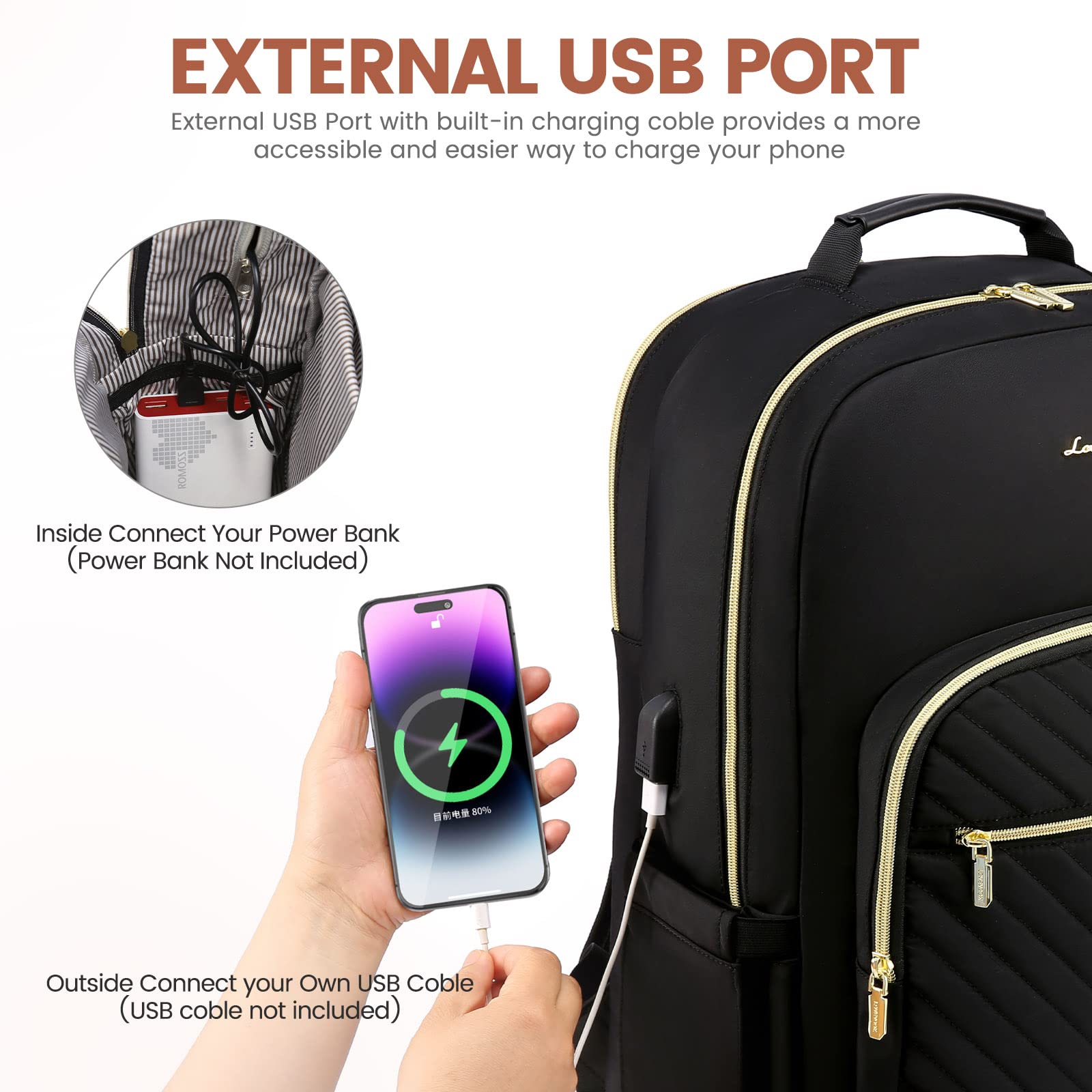 LOVEVOOK 15.6 Inch Women's Laptop Backpack - Stylish Waterproof Travel Purse & Professional Computer Bag for Work, Business, College, and Teacher Use with USB Port, Black - Perfect for Commuting, Office, and School